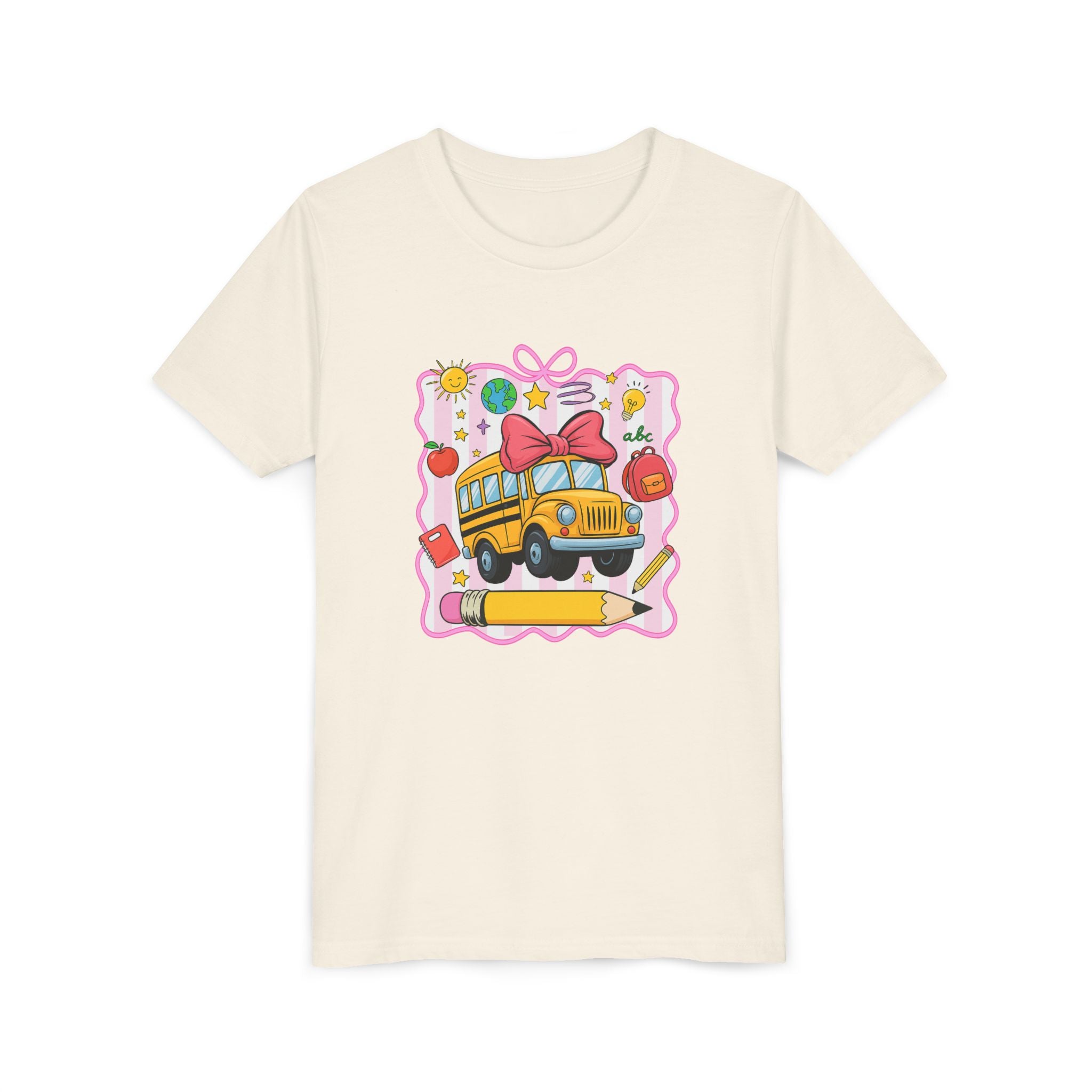 Youth Tee — Cute School Bus Back to School Kids Shirt (Pencil, Apple, Sun)