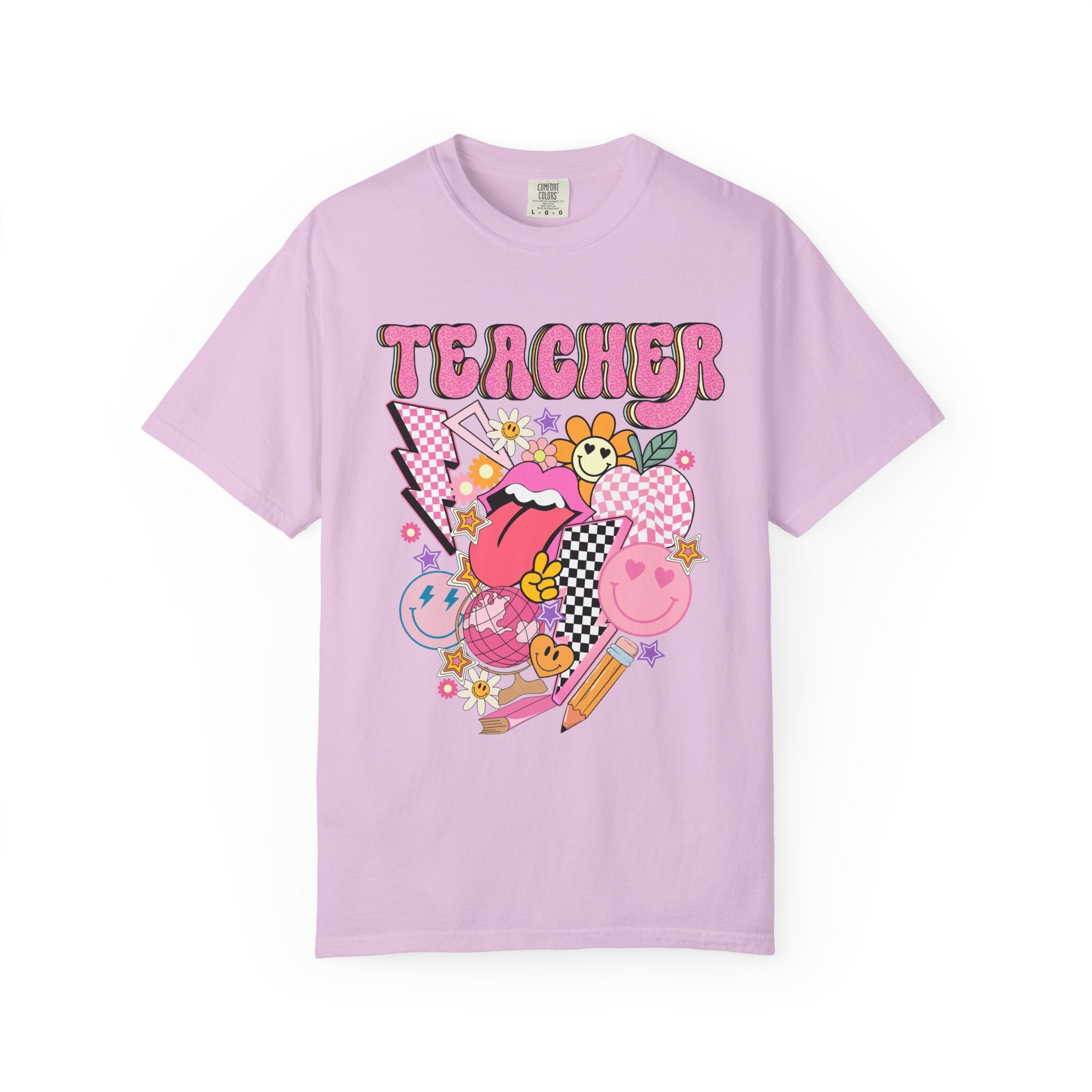 Teacher Retro Pop Graphic T‑Shirt — Cute Pink School Staff Shirt