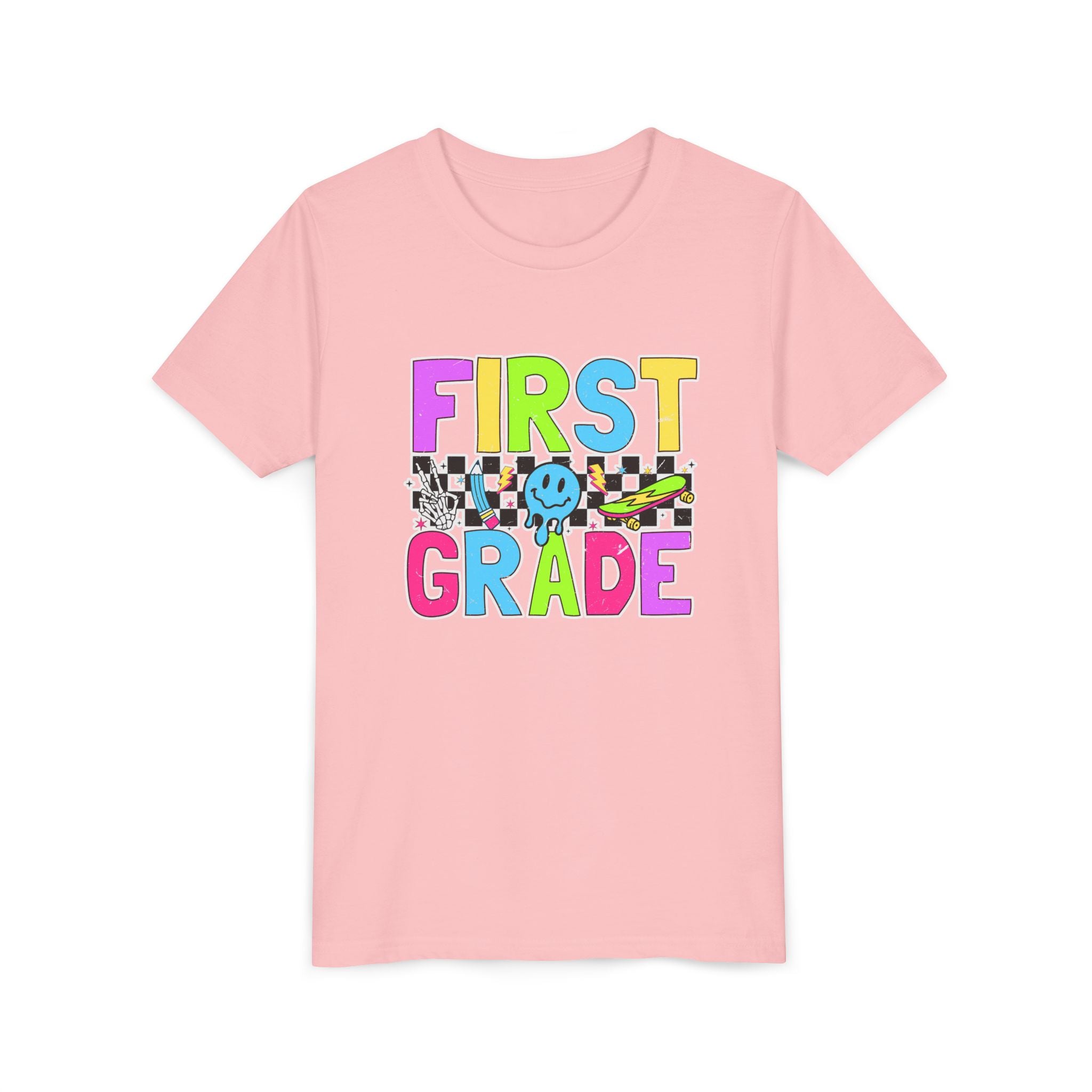First Grade Youth T‑Shirt — Colorful Checkerboard Smile Back‑to‑School Tee