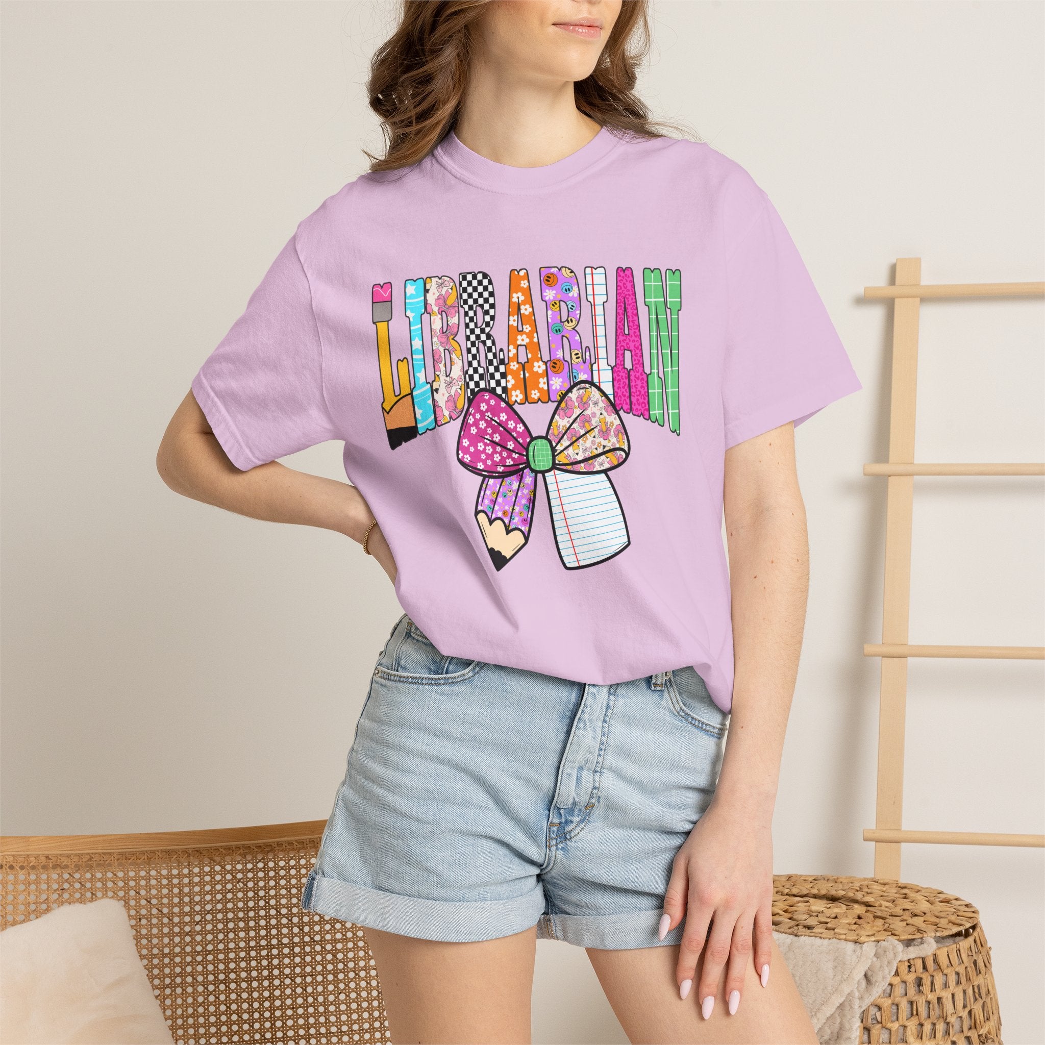 Librarian Graphic T‑Shirt — Colorful Bookish Bow Design