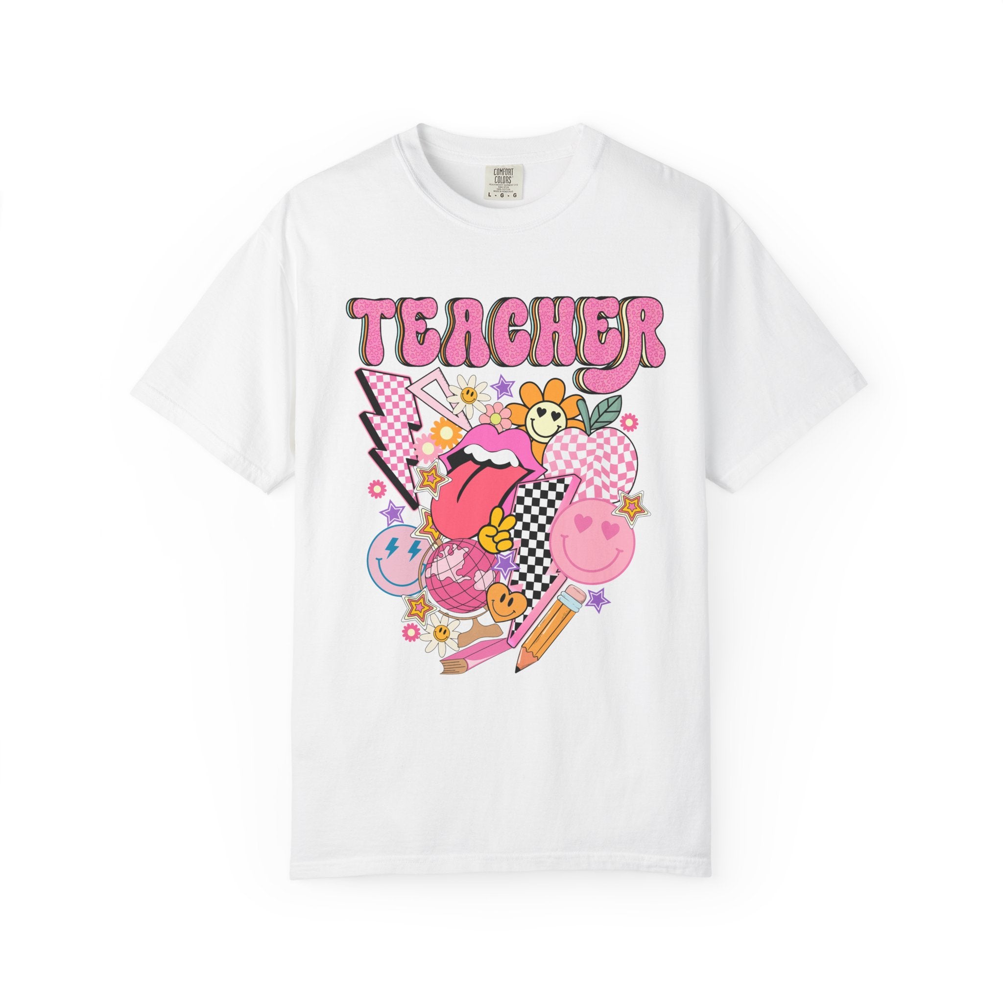Teacher Retro Pop Graphic T‑Shirt — Cute Pink School Staff Shirt