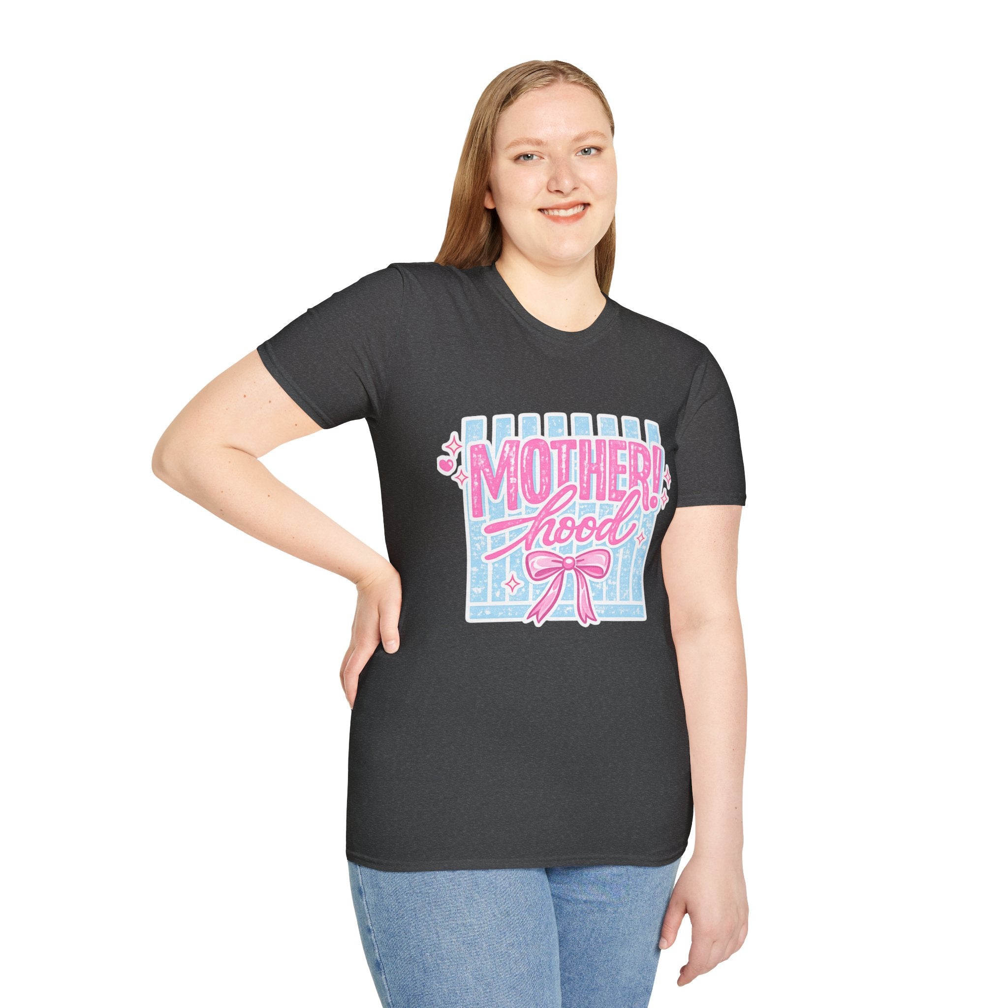 Motherhood Retro Tee — "Mother!hood" Pink & Blue Graphic T-Shirt for New Moms