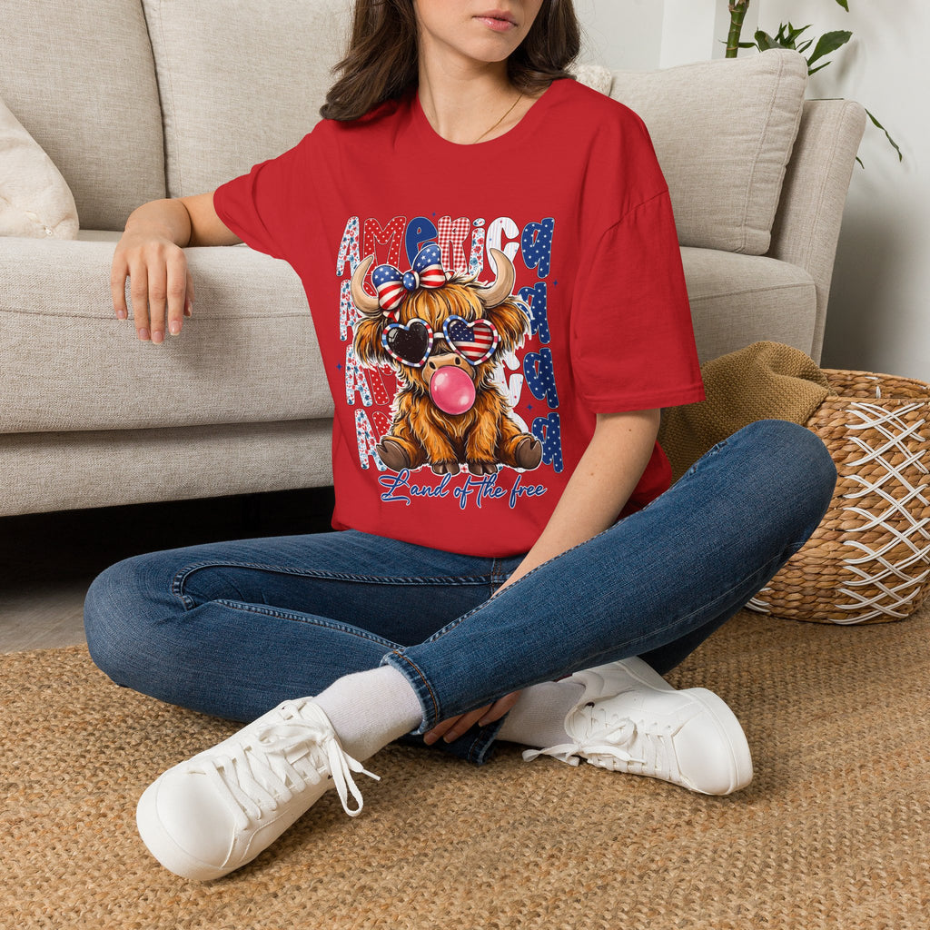 Patriotic Highland Cow T-Shirt — 'Land of the Free' 4th of July Tee