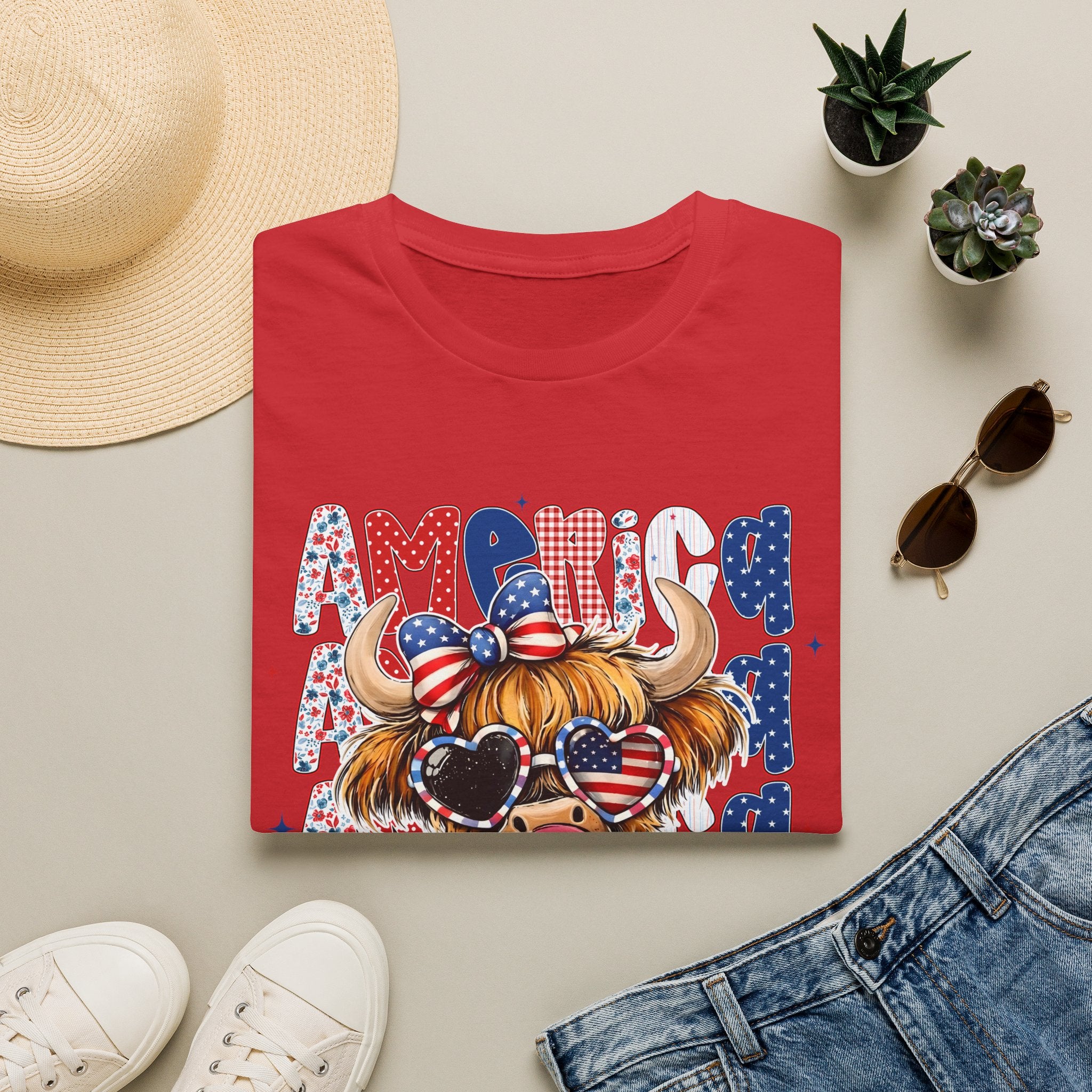 Patriotic Highland Cow T-Shirt — 'Land of the Free' 4th of July Tee