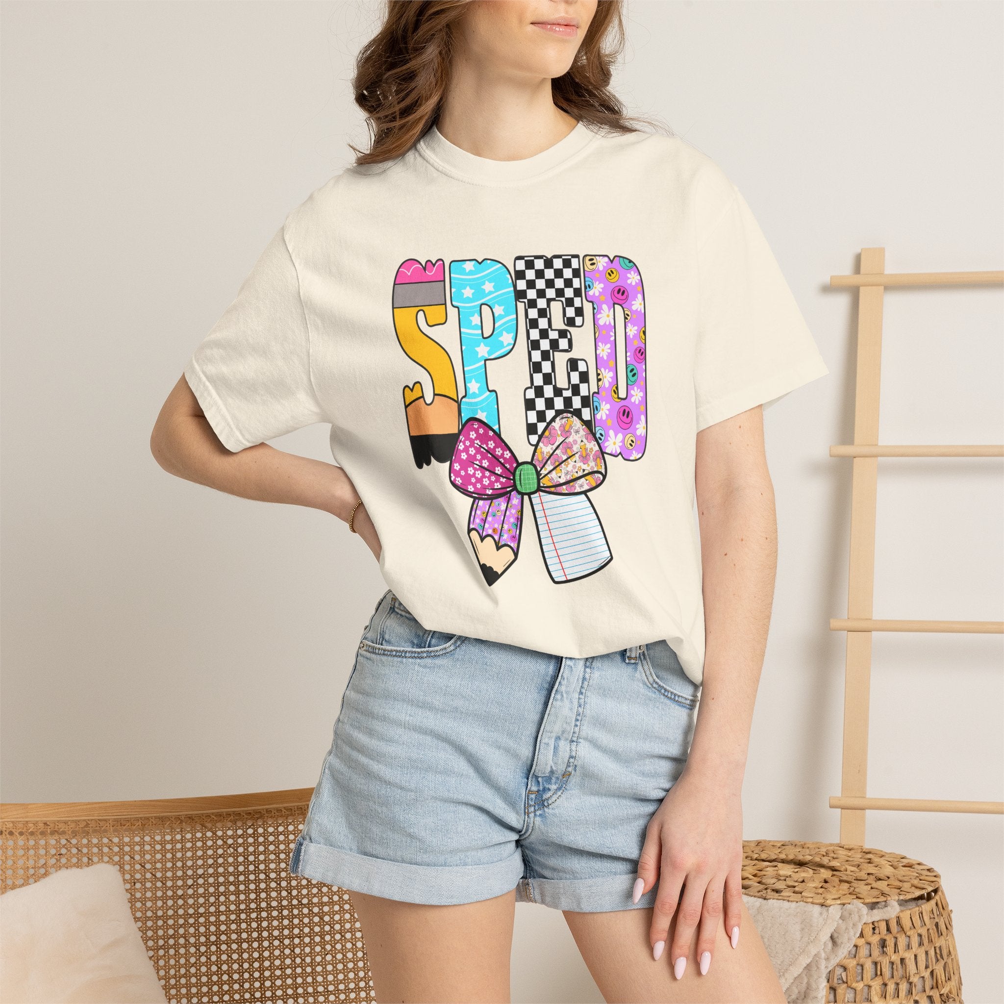 Spring Pencil Bow T-Shirt — Cute Colorful 'SPRING' Graphic Tee