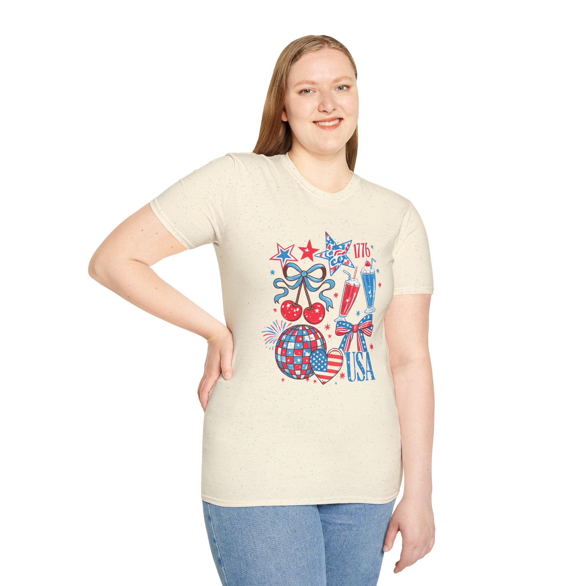 Patriotic 4th of July T-Shirt — USA 1776 Red White Blue Cherry & Soda Design