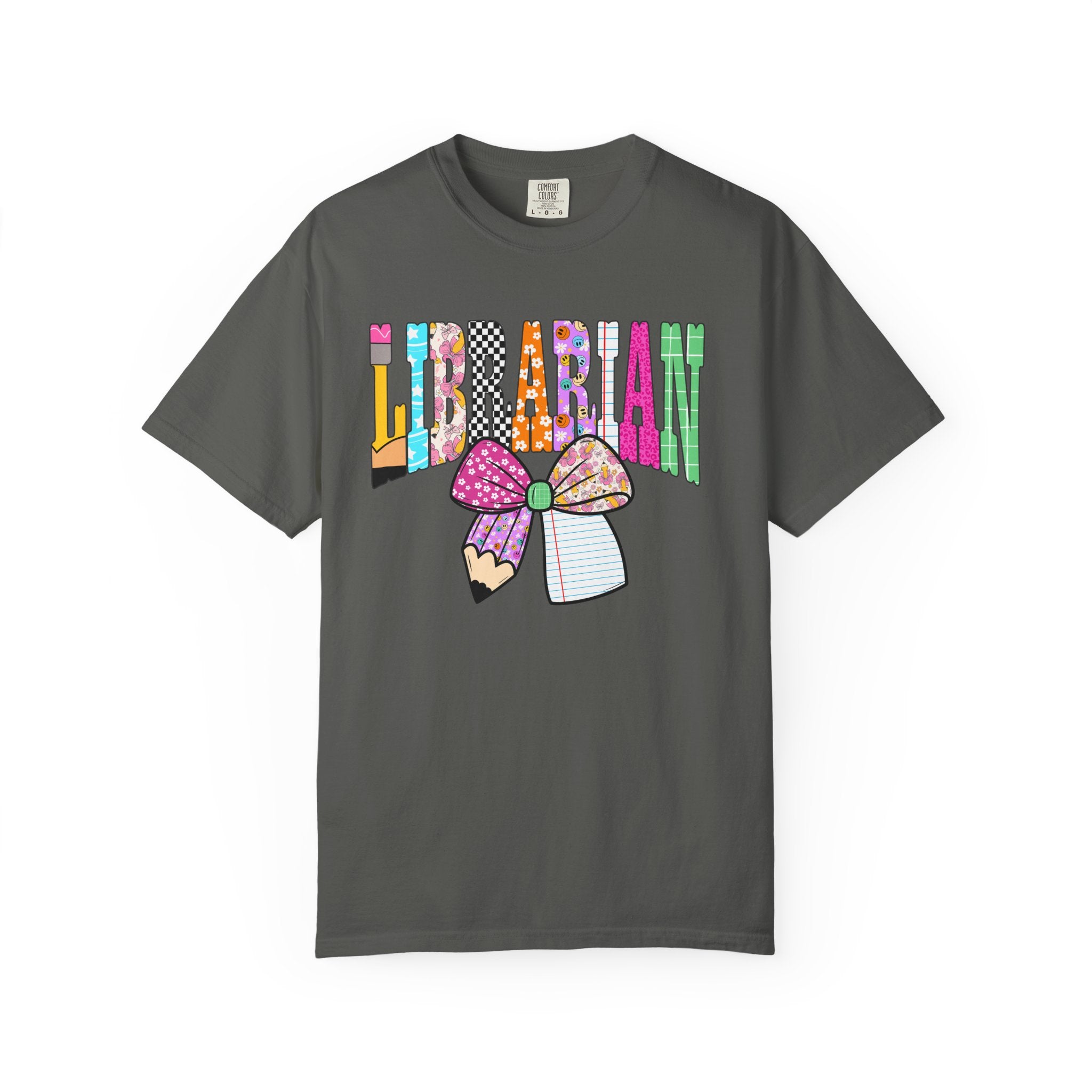 Librarian Graphic T‑Shirt — Colorful Bookish Bow Design