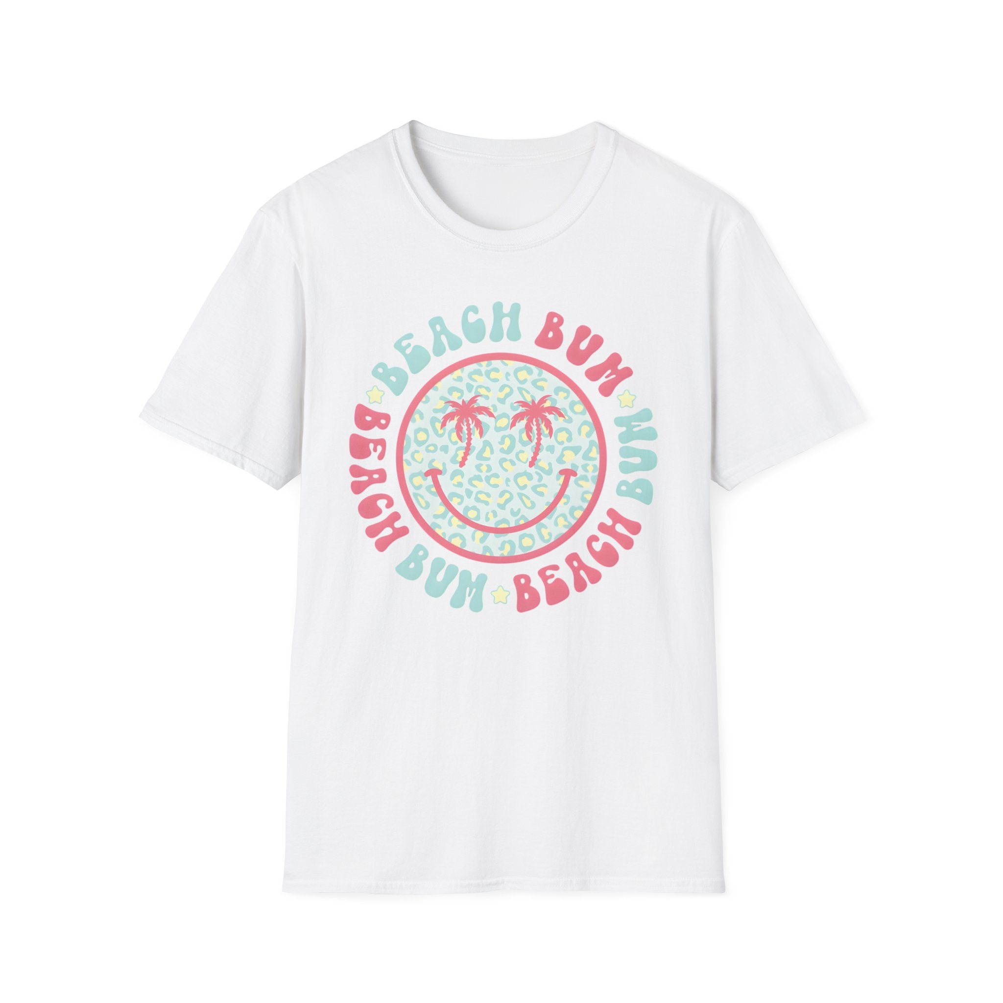 Beach Bum Smiley T-Shirt — Pastel Palm Tree Graphic