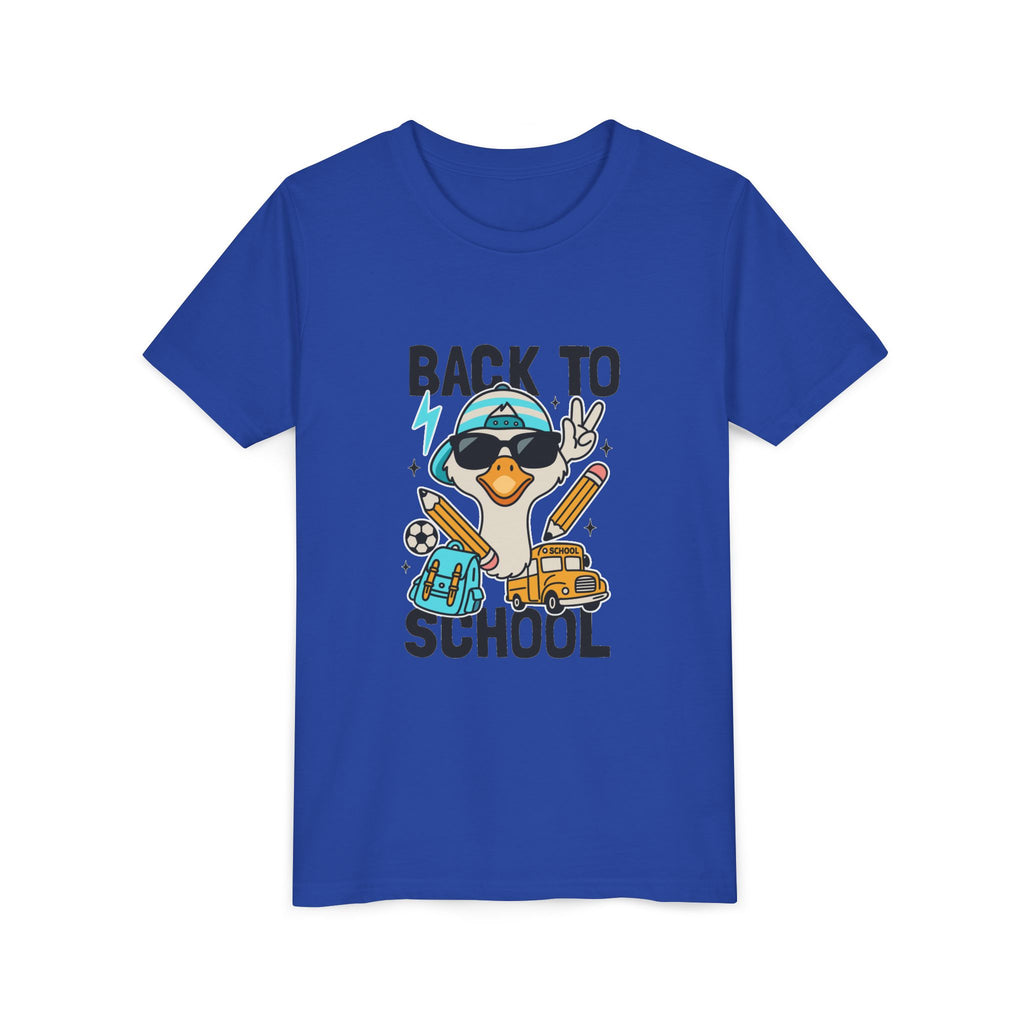 Back to School Duck Youth Tee — Cute Kids School Shirt with Backpack, Bus & Pencil Design
