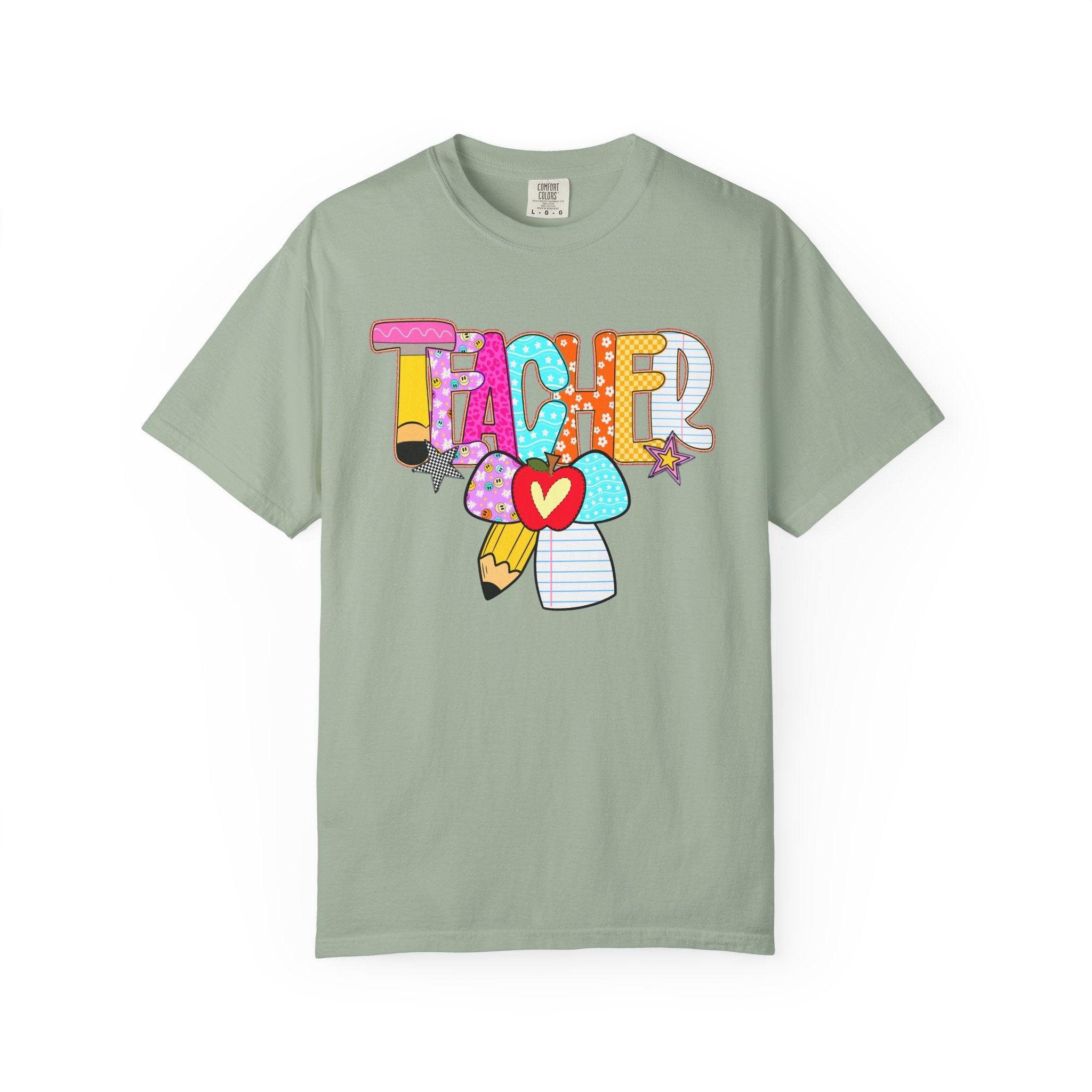 Teacher Doodle Graphic T‑Shirt — Colorful Pencil & Apple School Design