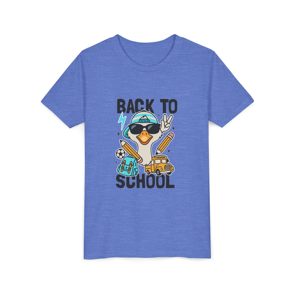 Back to School Duck Youth Tee — Cute Kids School Shirt with Backpack, Bus & Pencil Design