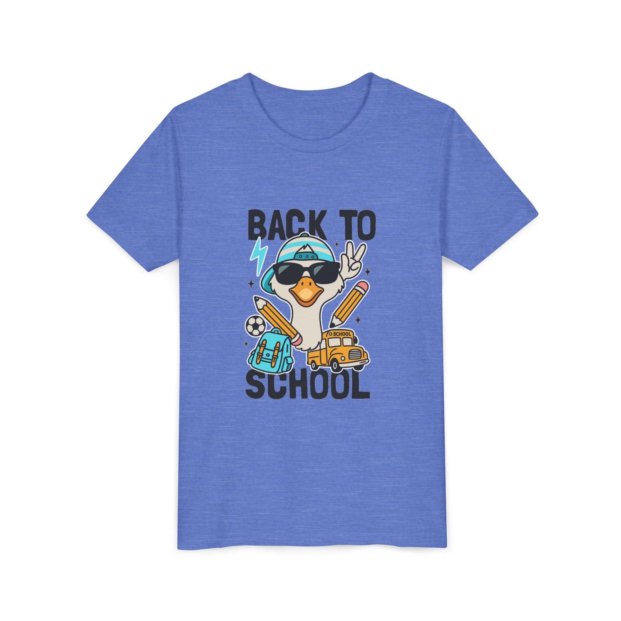 Back to School Duck Youth Tee — Cute Kids School Shirt with Backpack, Bus & Pencil Design