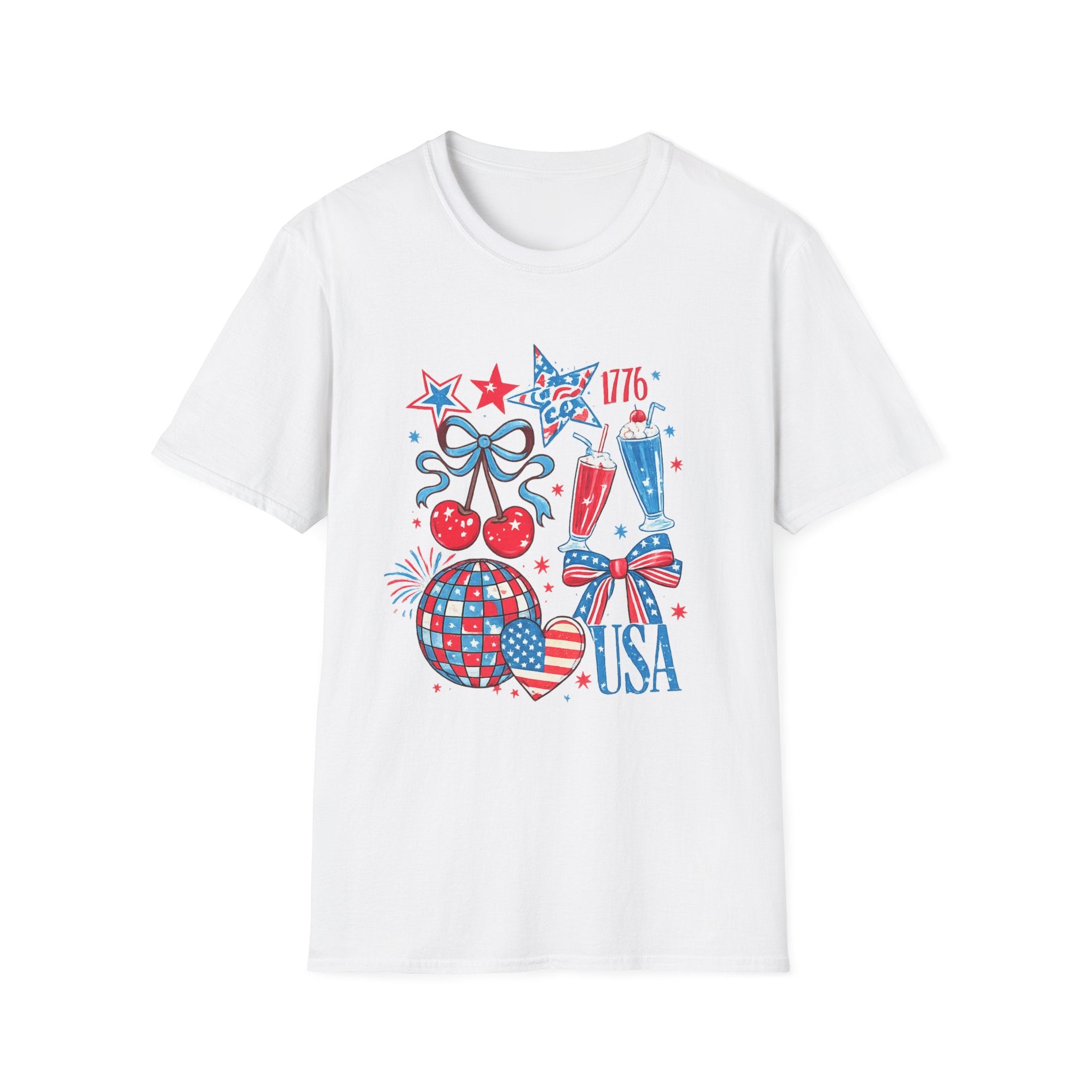 Patriotic 4th of July T-Shirt — USA 1776 Red White Blue Cherry & Soda Design