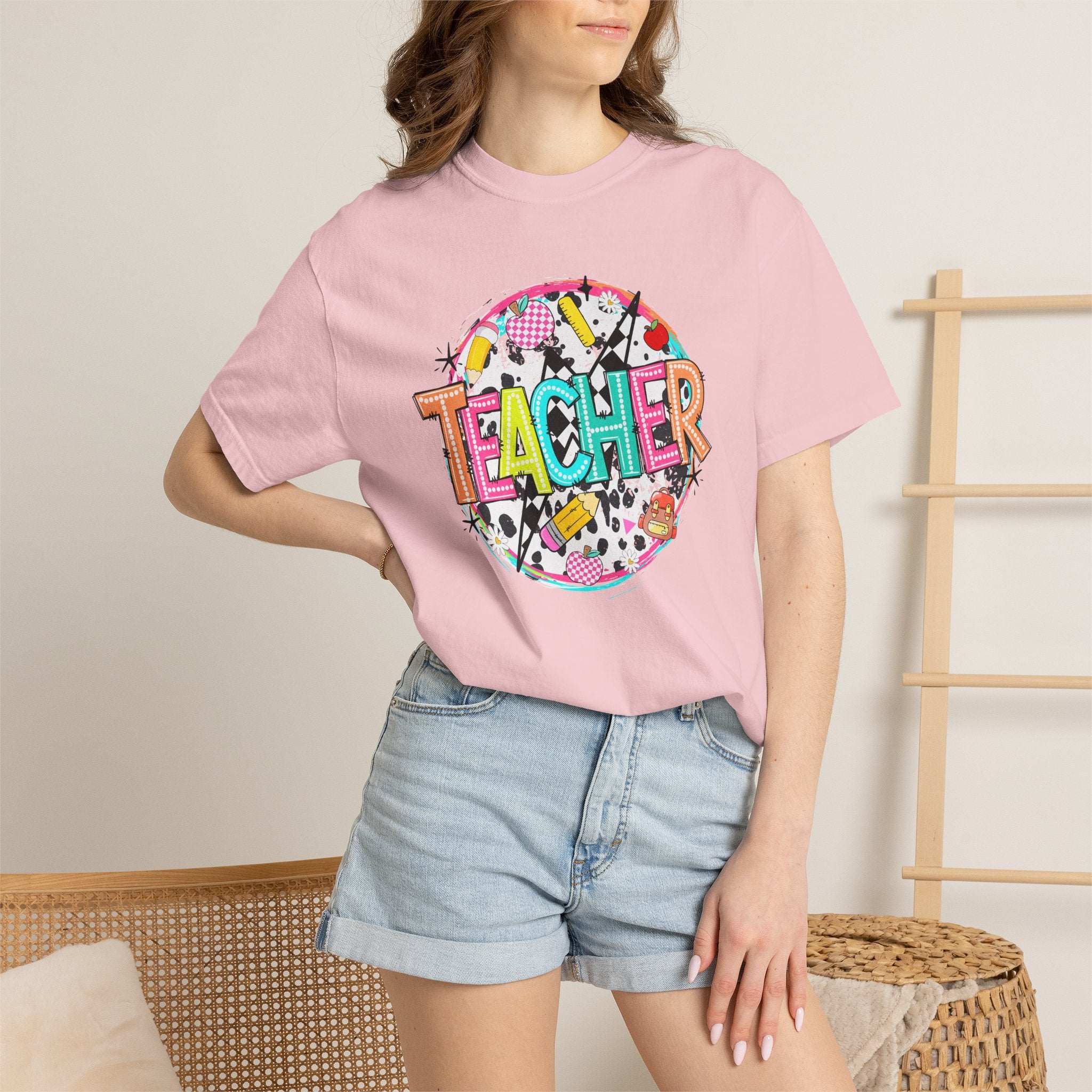 Teacher Graphic T-Shirt — Colorful School Supplies Design