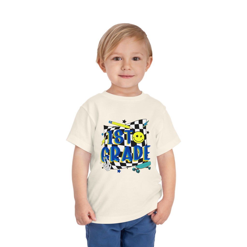 1st Grade Toddler Tee - Back-to-School Smile Skateboard Design