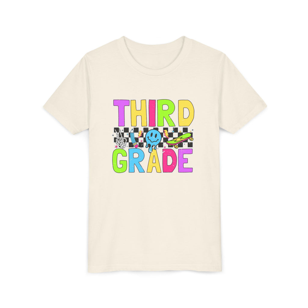 Third Grade Youth T‑Shirt — Colorful Checkerboard Smileback School Tee
