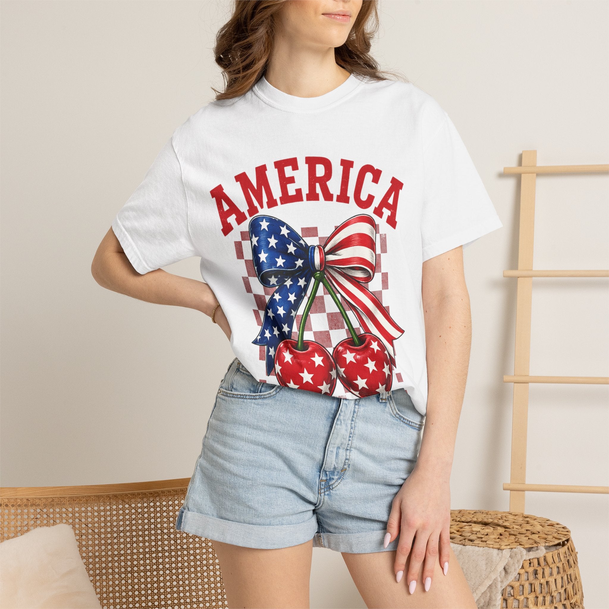 America Cherry Graphic T-Shirt — Patriotic Stars & Stripes Bow Tee