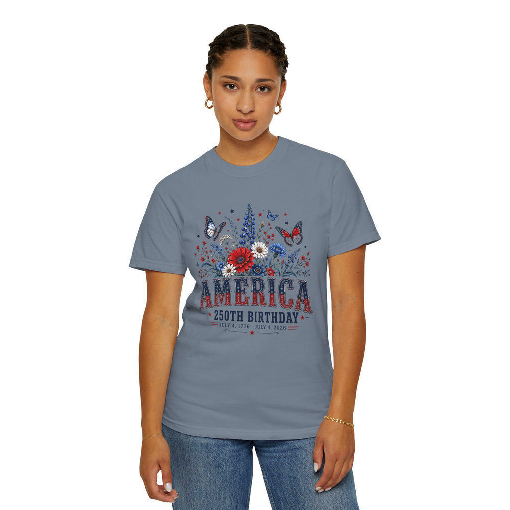America 250th Birthday T-Shirt — Patriotic Floral July 4th Tee