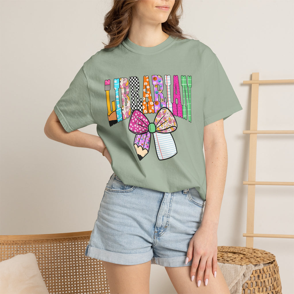 Librarian Graphic T‑Shirt — Colorful Bookish Bow Design