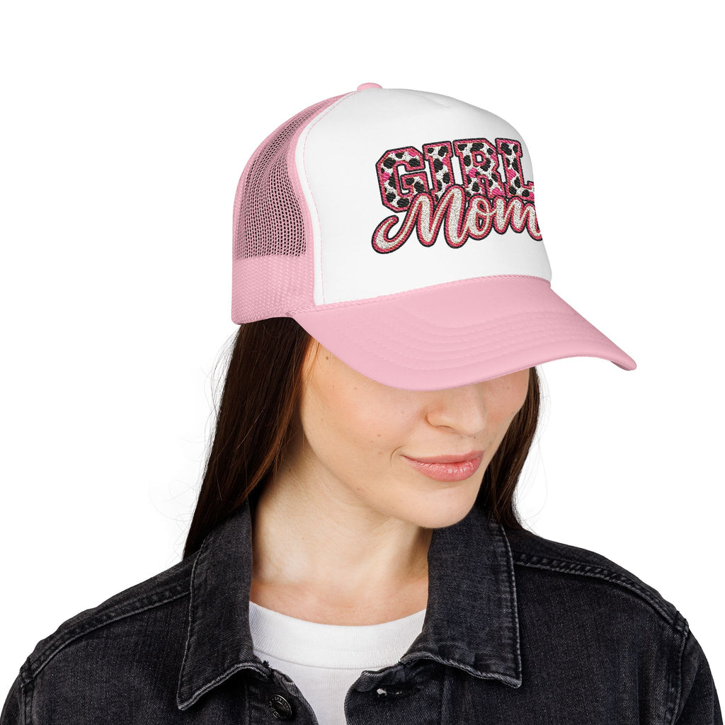 Girl Mom Leopard Foam Trucker Hat — Pink Glitter Script Mesh Cap