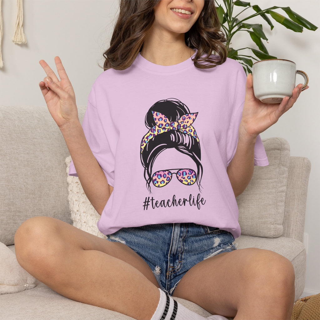 Teacher Life Floral Messy Bun T-Shirt