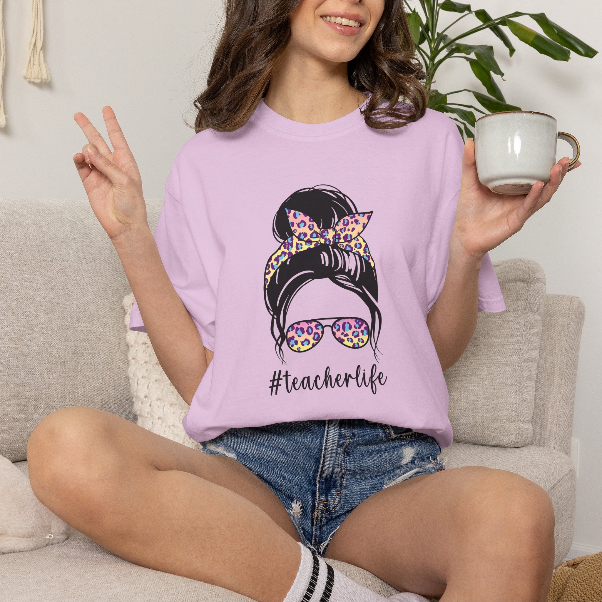 Teacher Life Floral Messy Bun T-Shirt