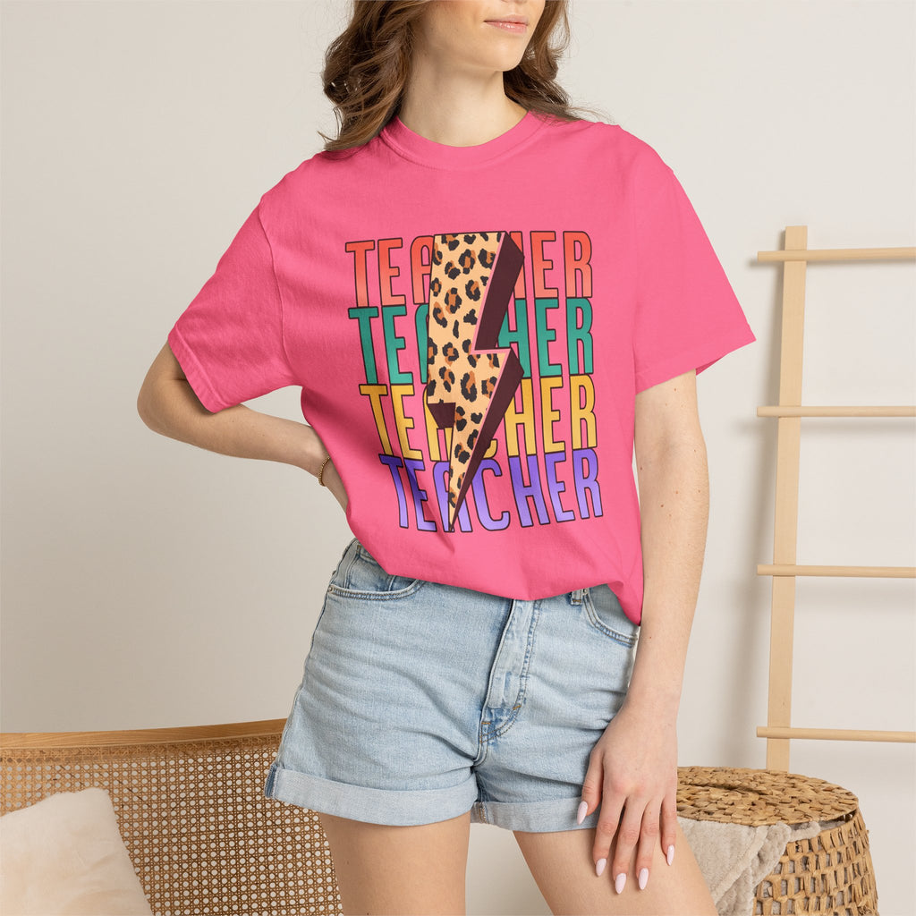 Teacher Lightning Bolt Leopard Print T‑Shirt — Colorful Retro Teacher Tee