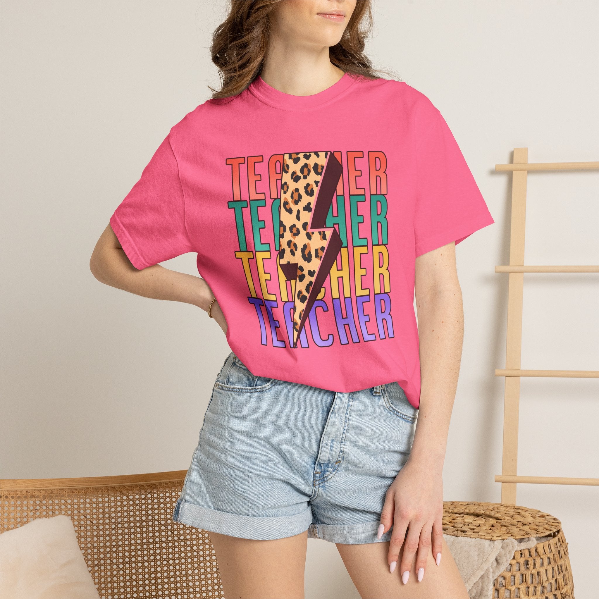 Teacher Lightning Bolt Leopard Print T‑Shirt — Colorful Retro Teacher Tee
