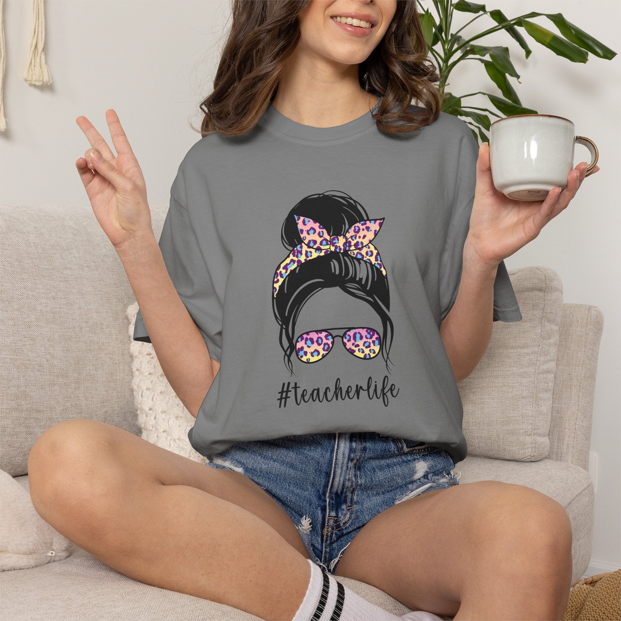 Teacher Life Floral Messy Bun T-Shirt
