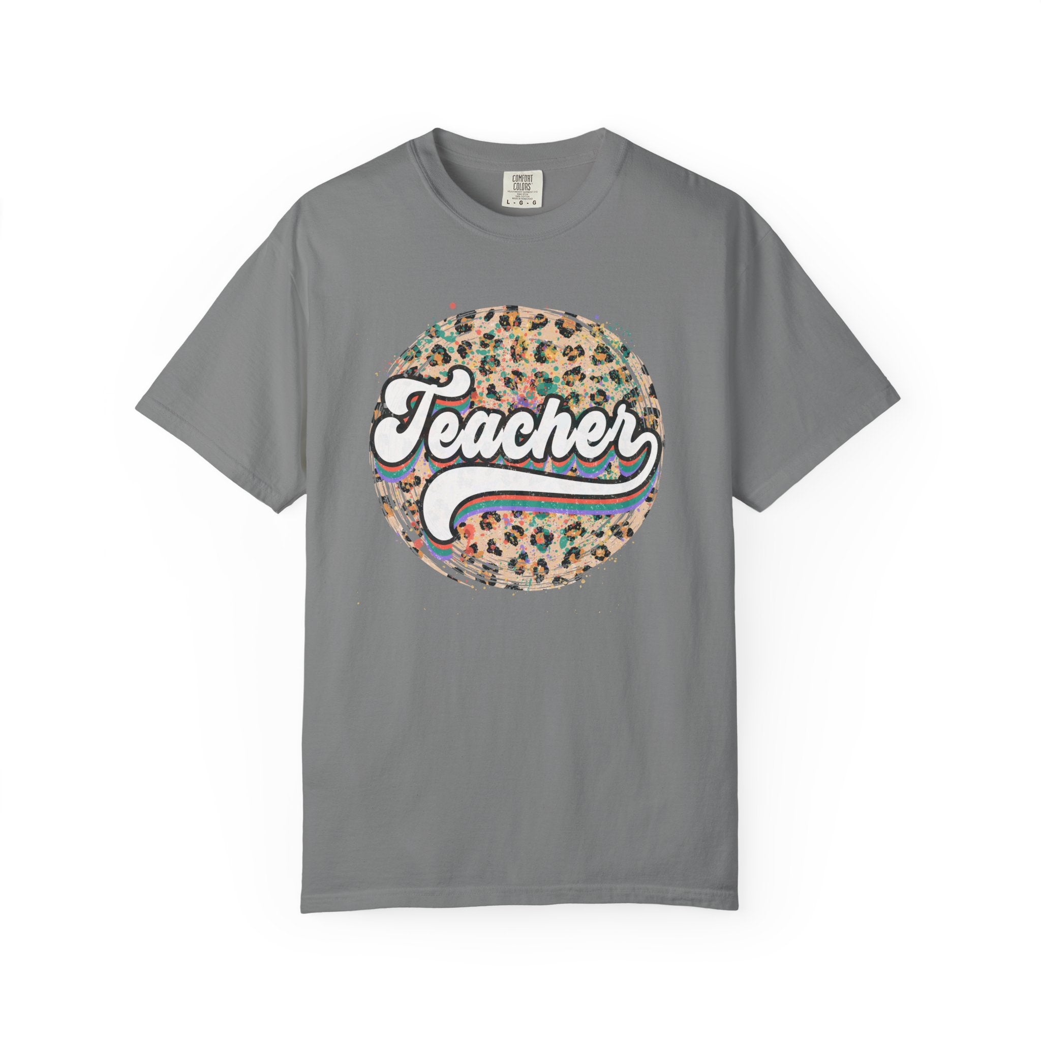 Teacher Leopard Circle T-Shirt — Retro Rainbow Script Tee for Educators