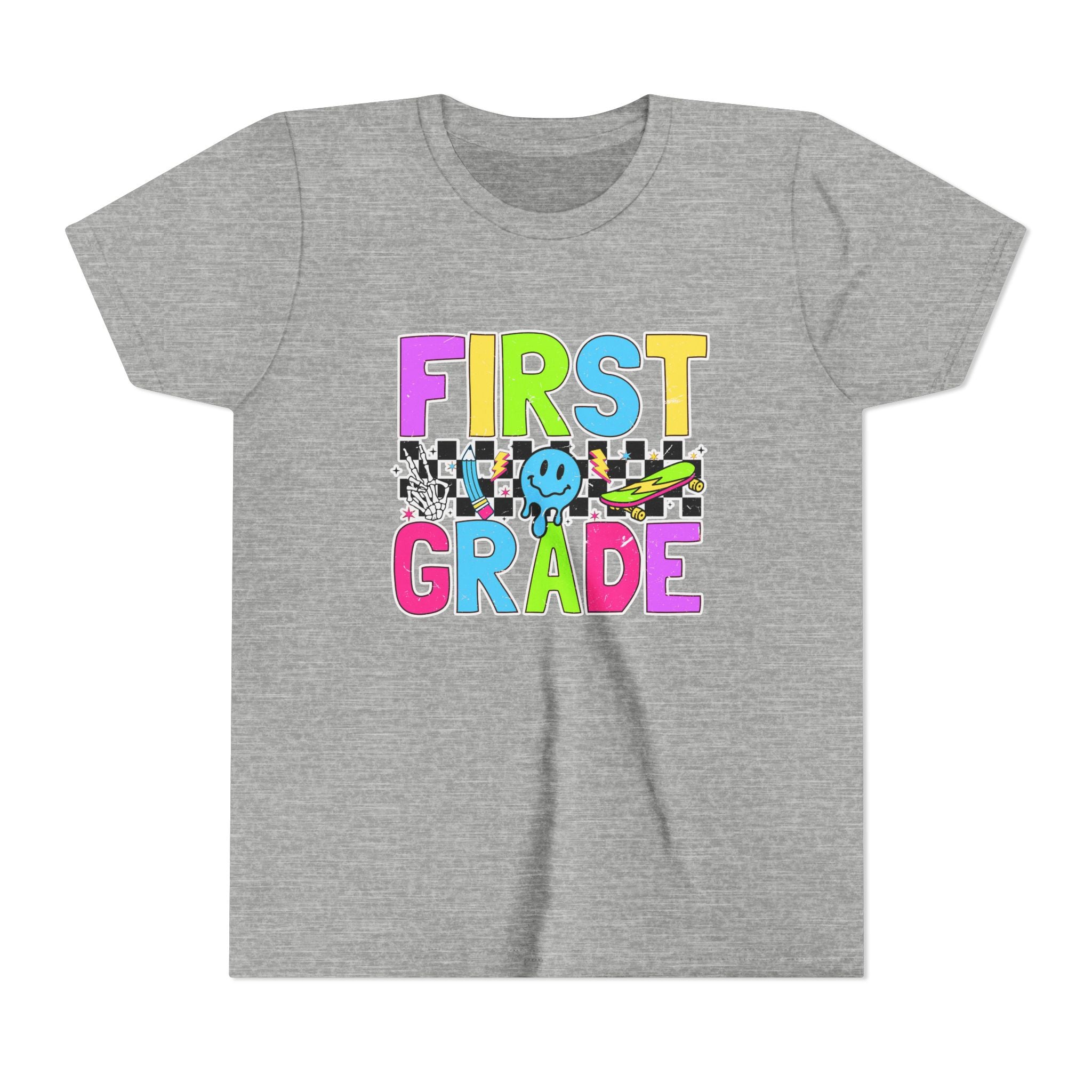 First Grade Youth T‑Shirt — Colorful Checkerboard Smile Back‑to‑School Tee