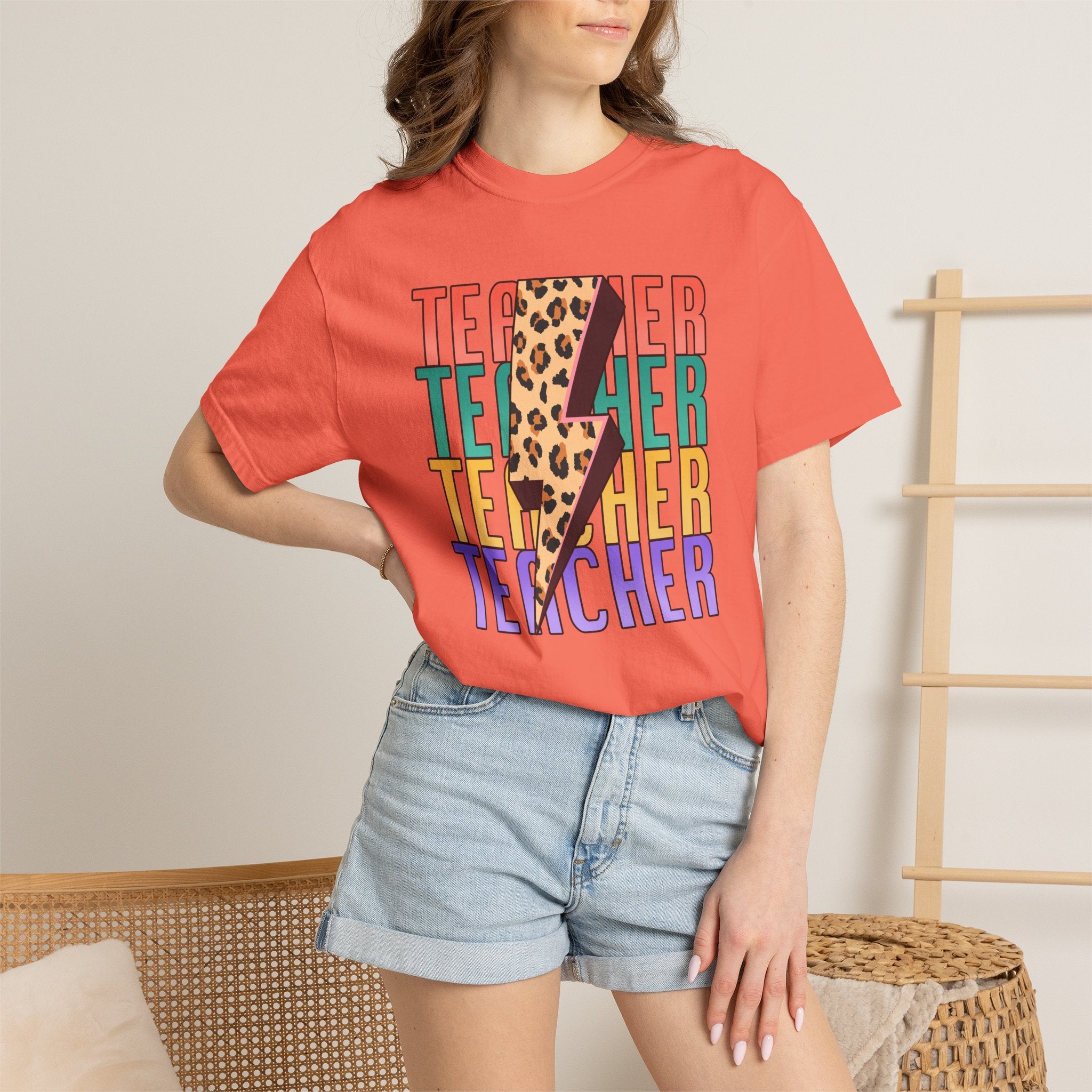 Teacher Lightning Bolt Leopard Print T‑Shirt — Colorful Retro Teacher Tee