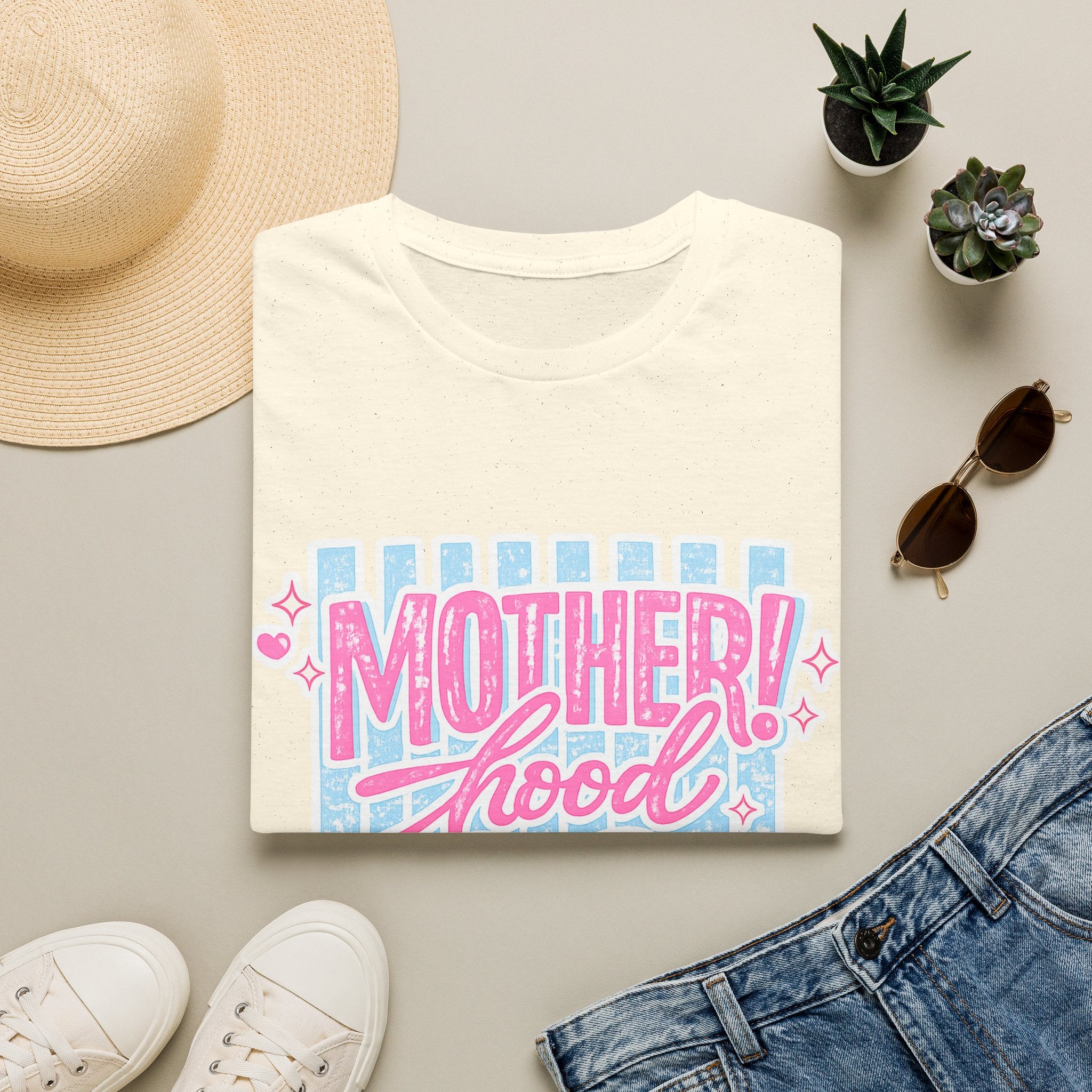 Motherhood Retro Tee — "Mother!hood" Pink & Blue Graphic T-Shirt for New Moms