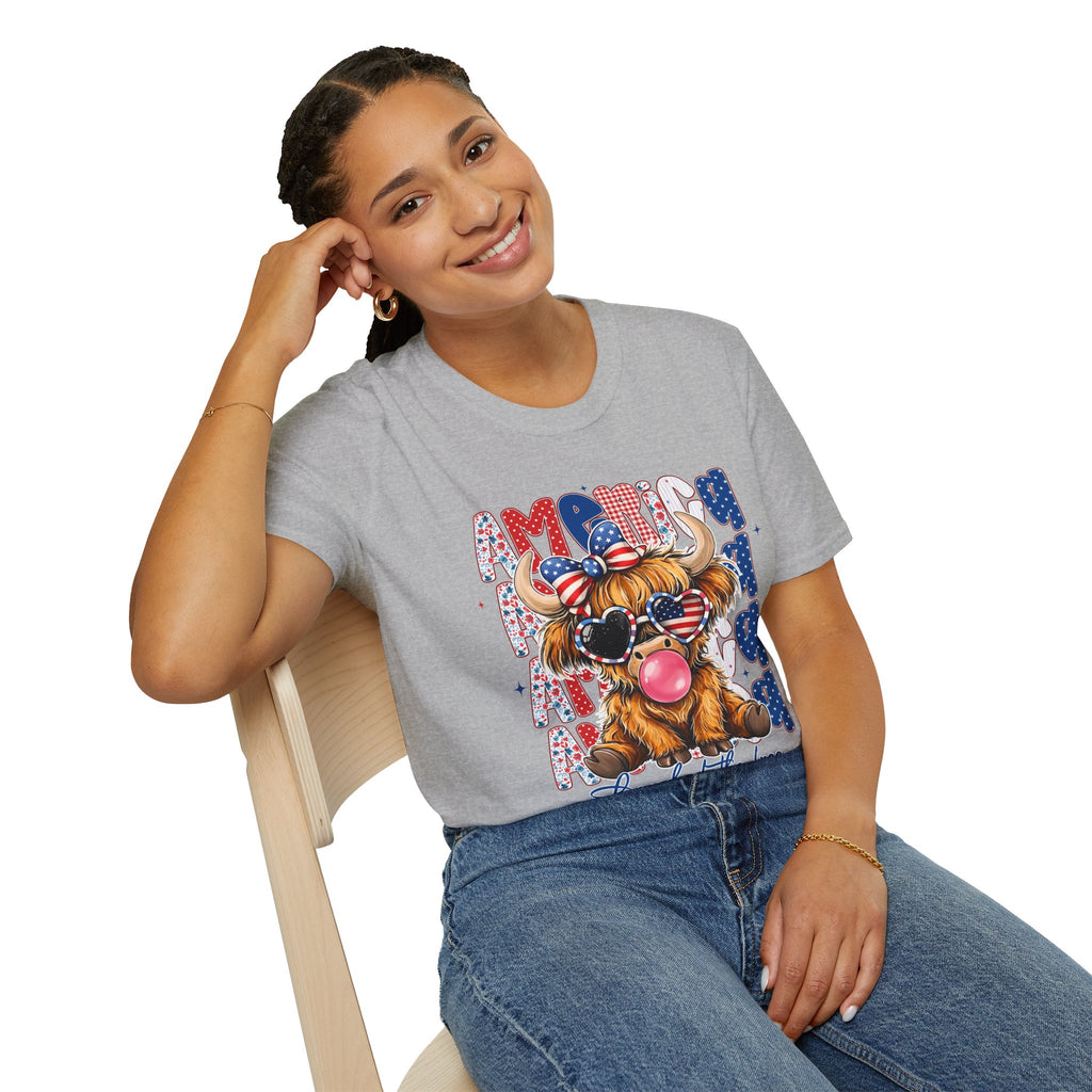 Patriotic Highland Cow T-Shirt — 'Land of the Free' 4th of July Tee