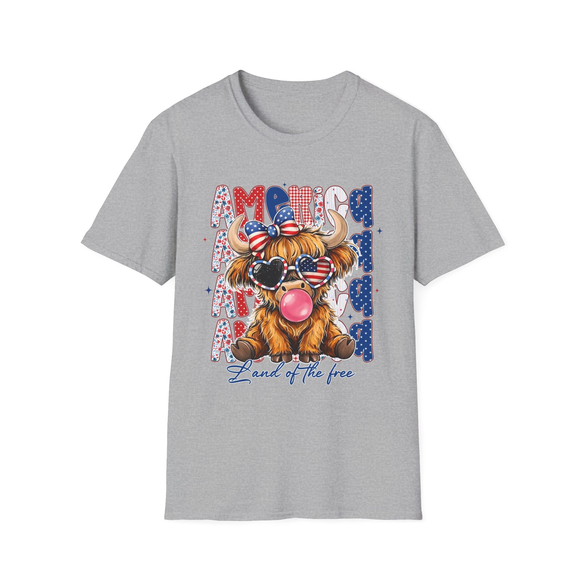 Patriotic Highland Cow T-Shirt — 'Land of the Free' 4th of July Tee
