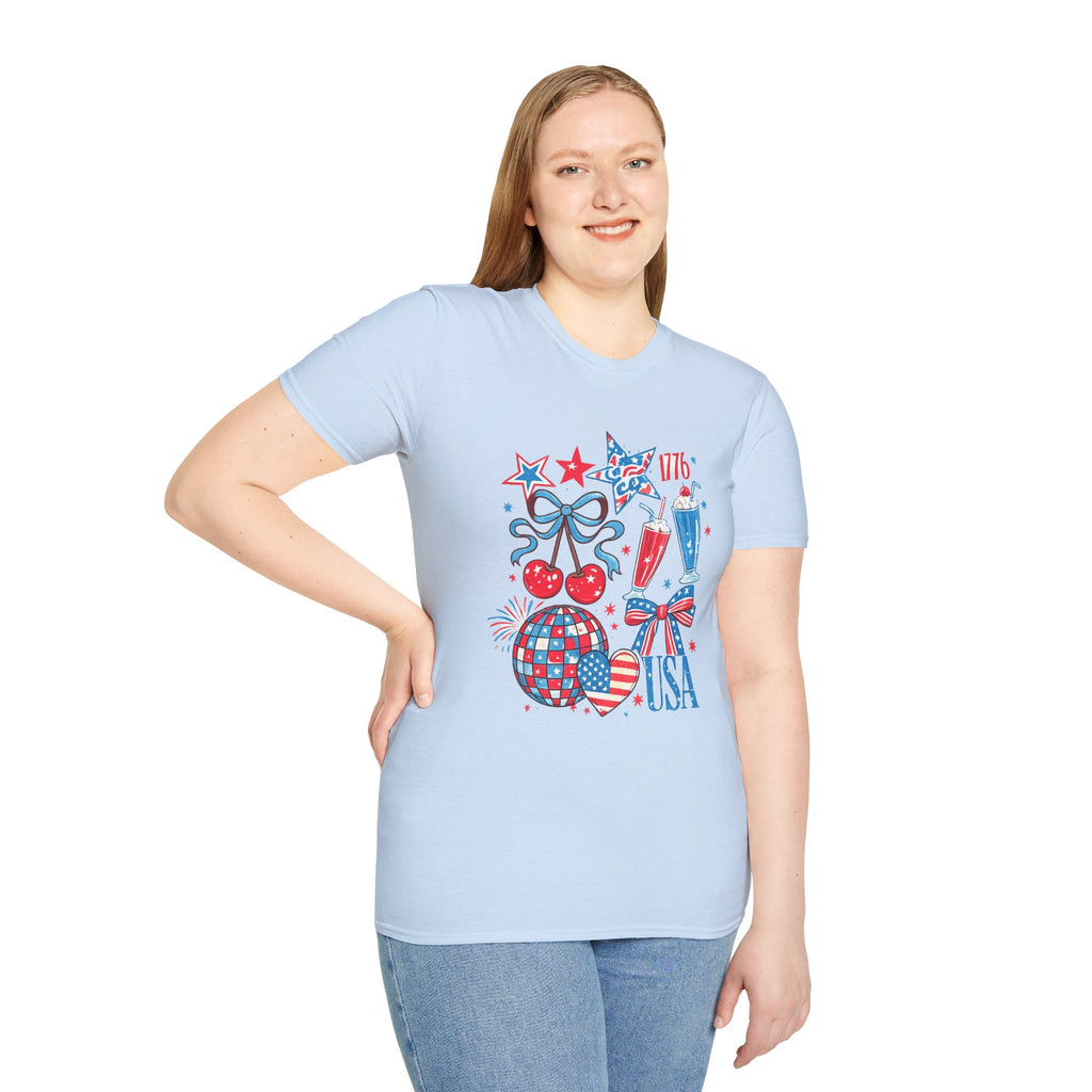 Patriotic 4th of July T-Shirt — USA 1776 Red White Blue Cherry & Soda Design