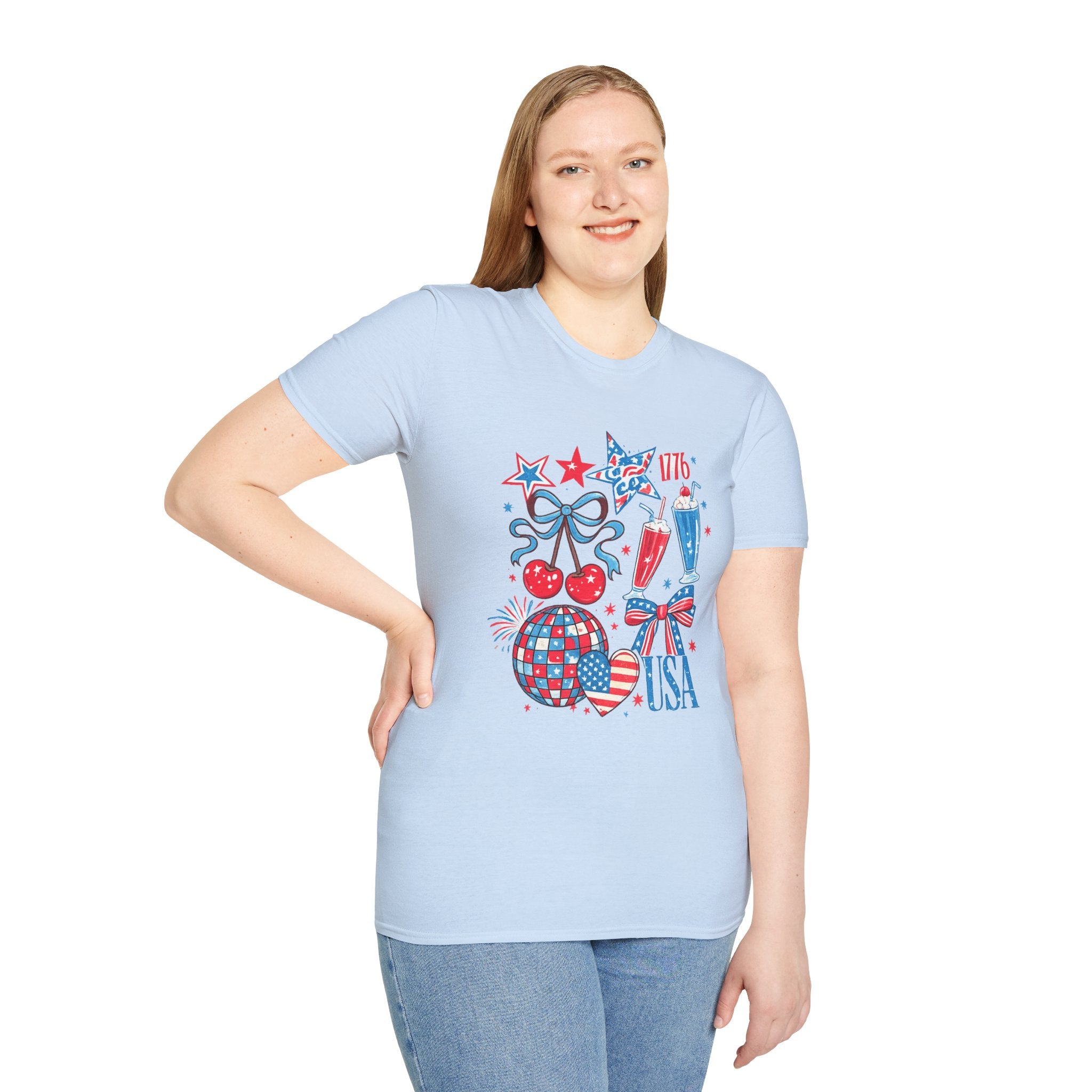Patriotic 4th of July T-Shirt — USA 1776 Red White Blue Cherry & Soda Design
