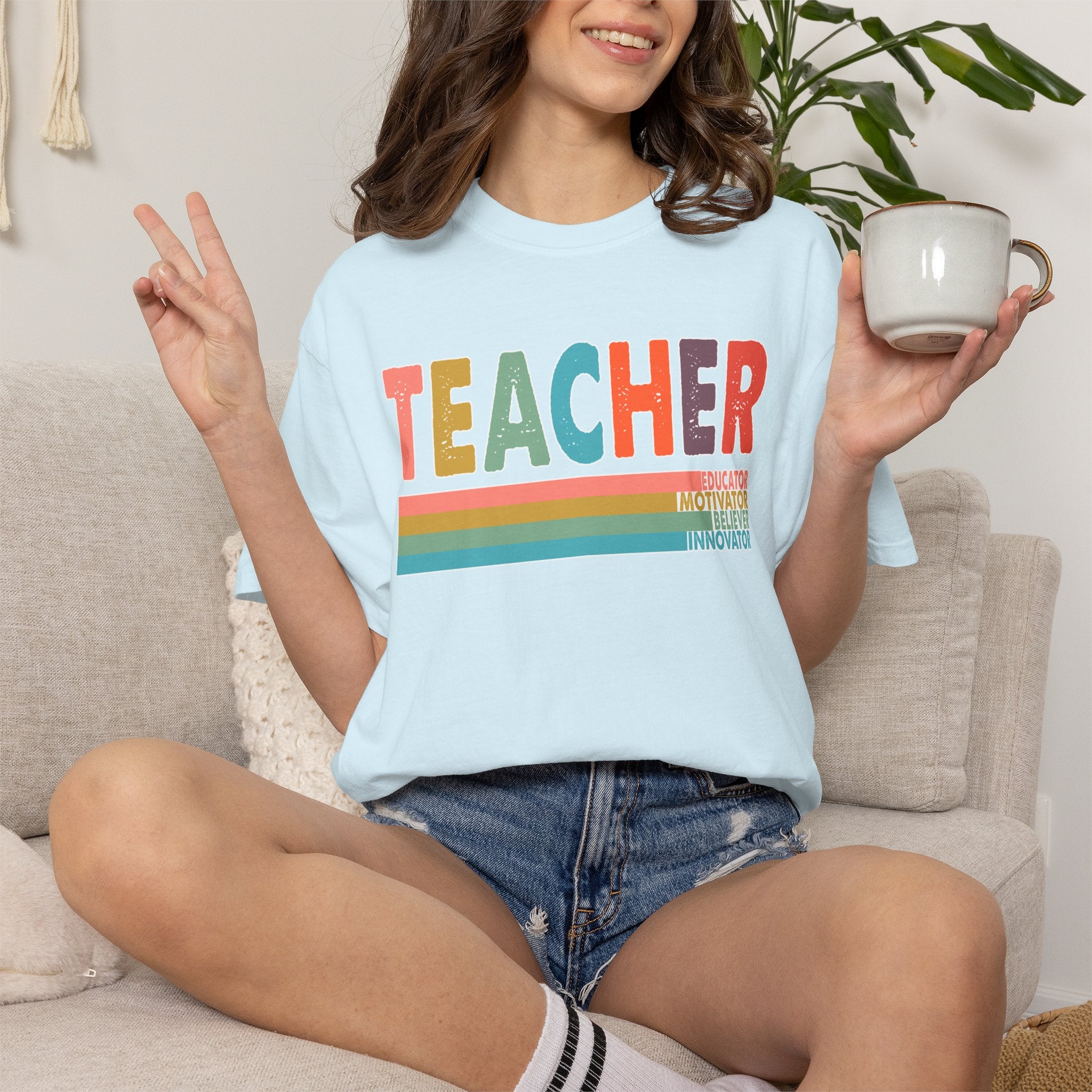 Teacher Rainbow Stripes T-Shirt — Retro Colorful Educator Tee