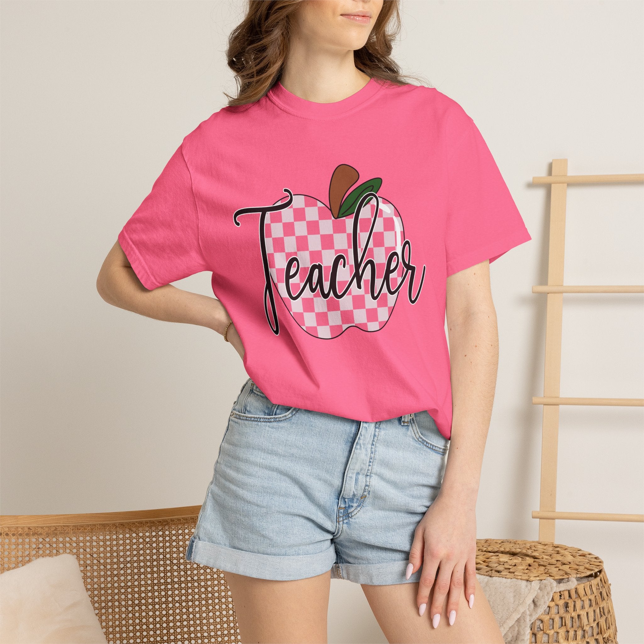 Teacher Apple T-Shirt — Pink Checkered Apple Teacher Tee