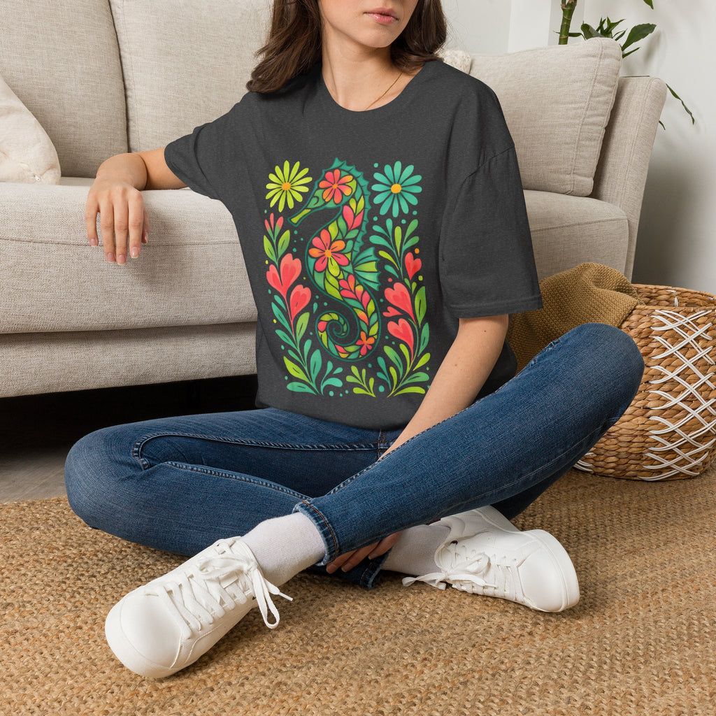 Floral Seahorse T-Shirt — Colorful Tropical Sea Life Tee