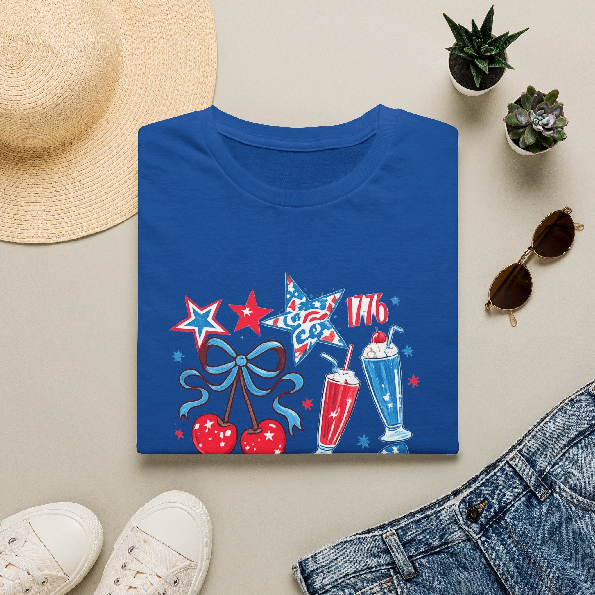 Patriotic 4th of July T-Shirt — USA 1776 Red White Blue Cherry & Soda Design