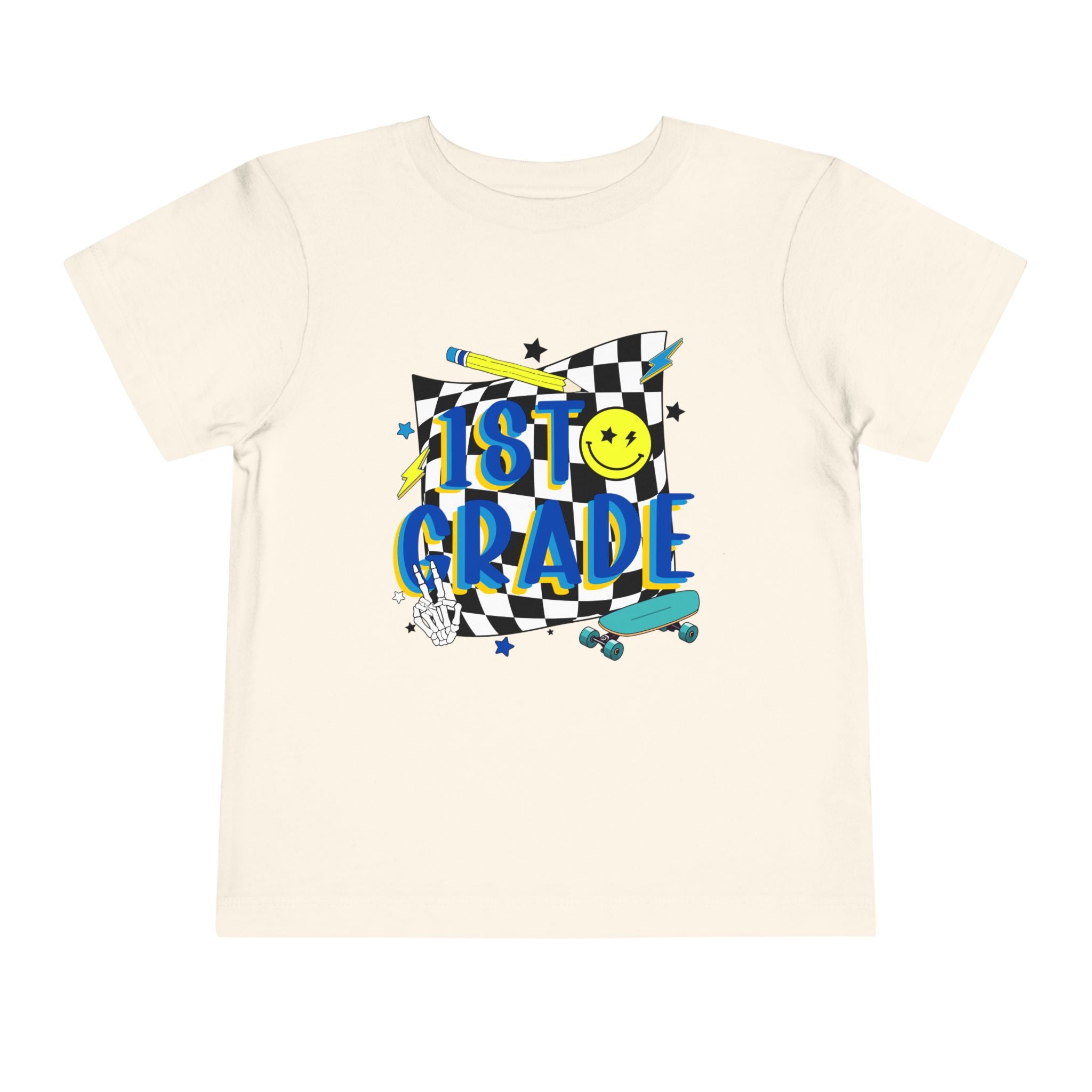 1st Grade Toddler Tee - Back-to-School Smile Skateboard Design
