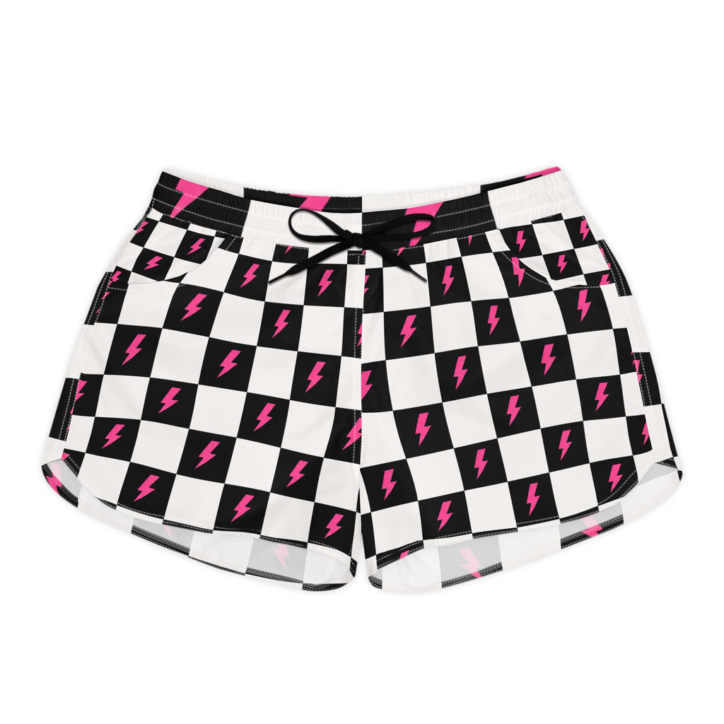 Checkerboard Lightning Bolt Women's Casual Shorts — Black & Pink
