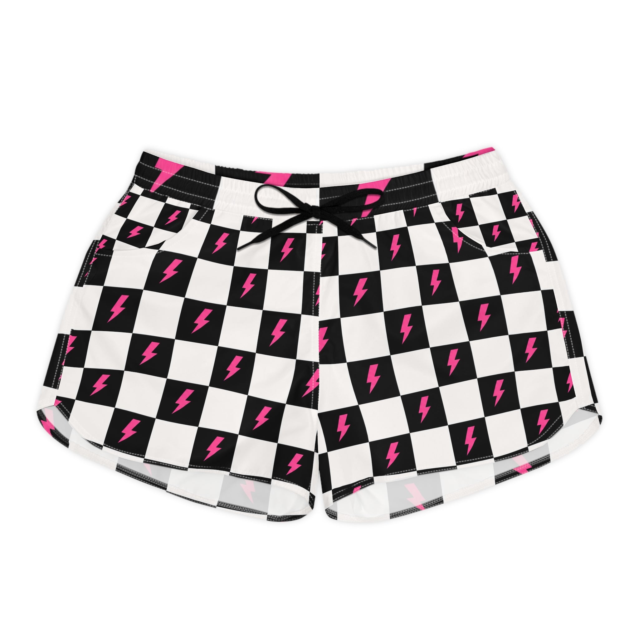 Checkerboard Lightning Bolt Women's Casual Shorts — Black & Pink
