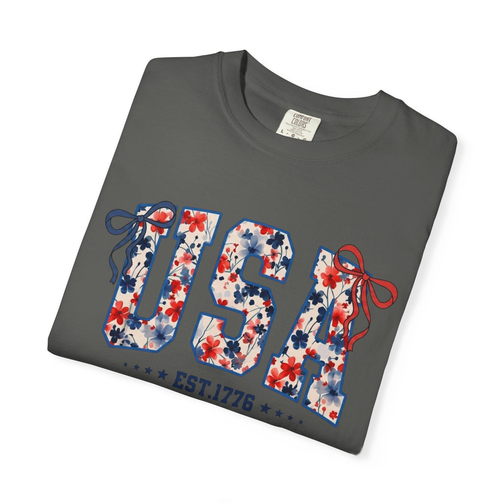 USA Floral Graphic T-Shirt — EST.1776 Patriotic Fourth of July Tee