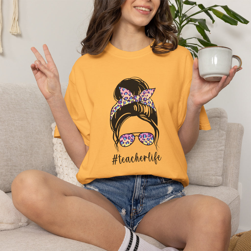 Teacher Life Floral Messy Bun T-Shirt