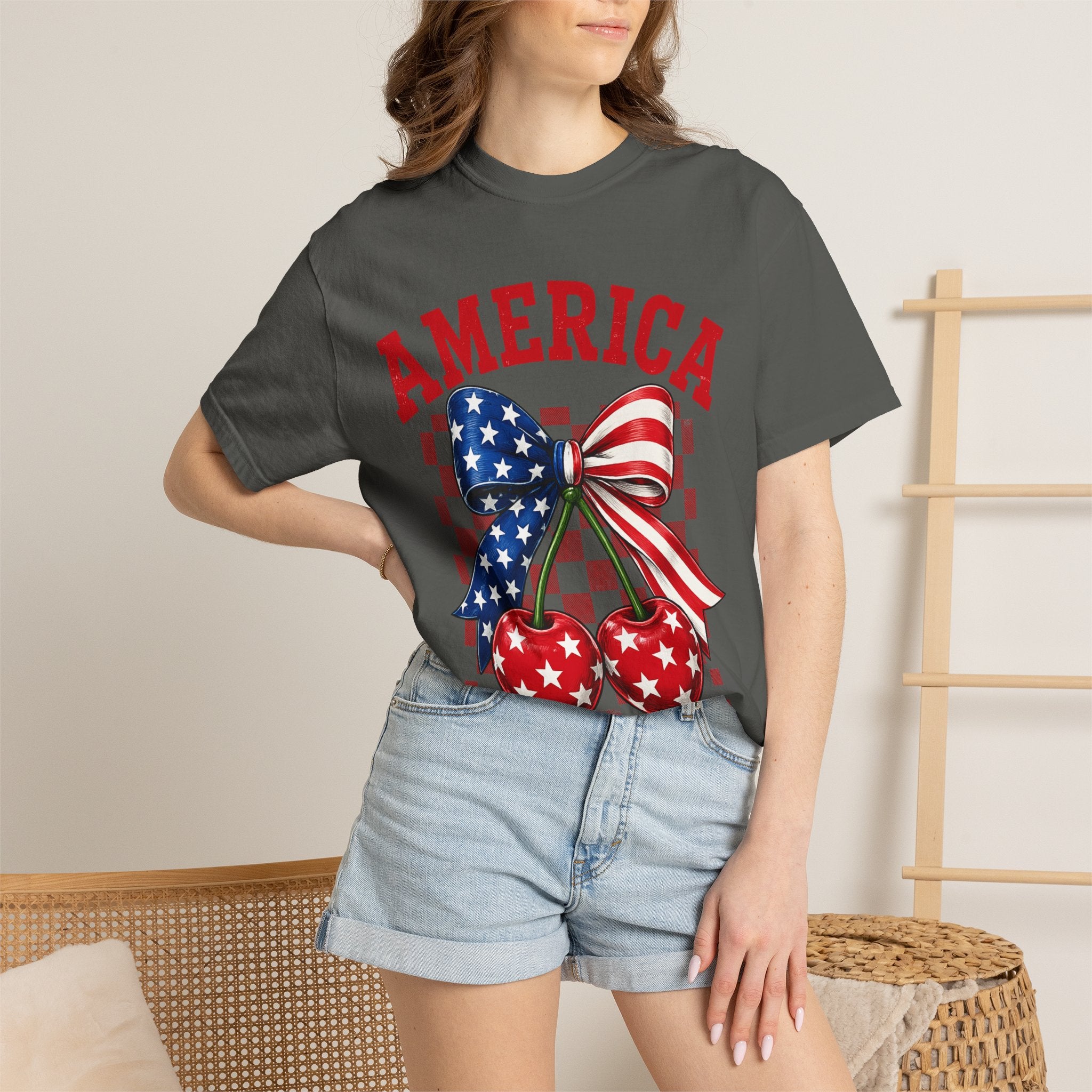 America Cherry Graphic T-Shirt — Patriotic Stars & Stripes Bow Tee