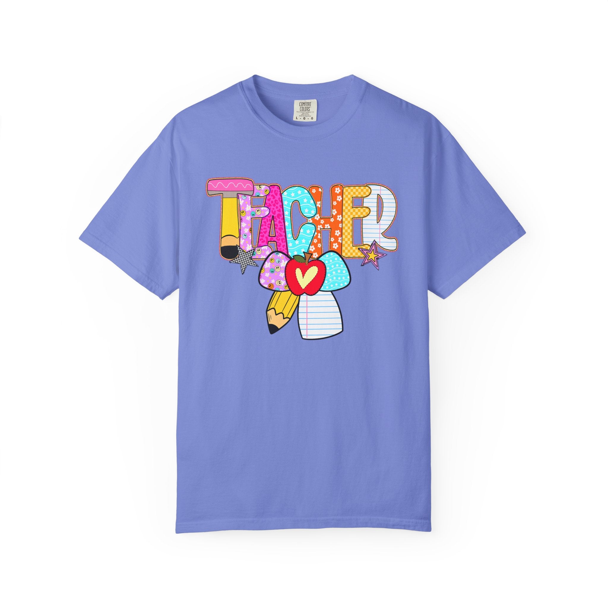 Teacher Doodle Graphic T‑Shirt — Colorful Pencil & Apple School Design