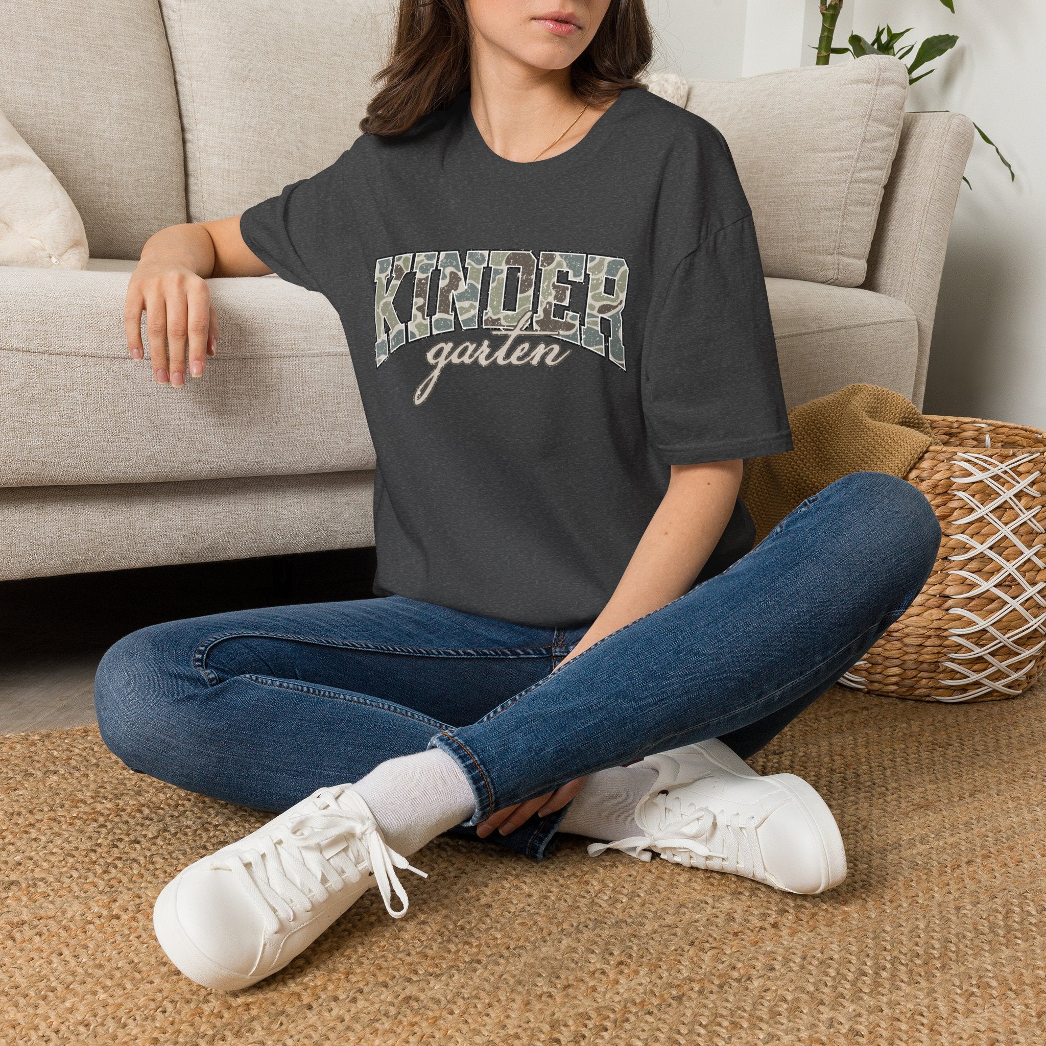 Kindergarten Camo T-Shirt — 'Kindergarten' Script & Camo Block Design
