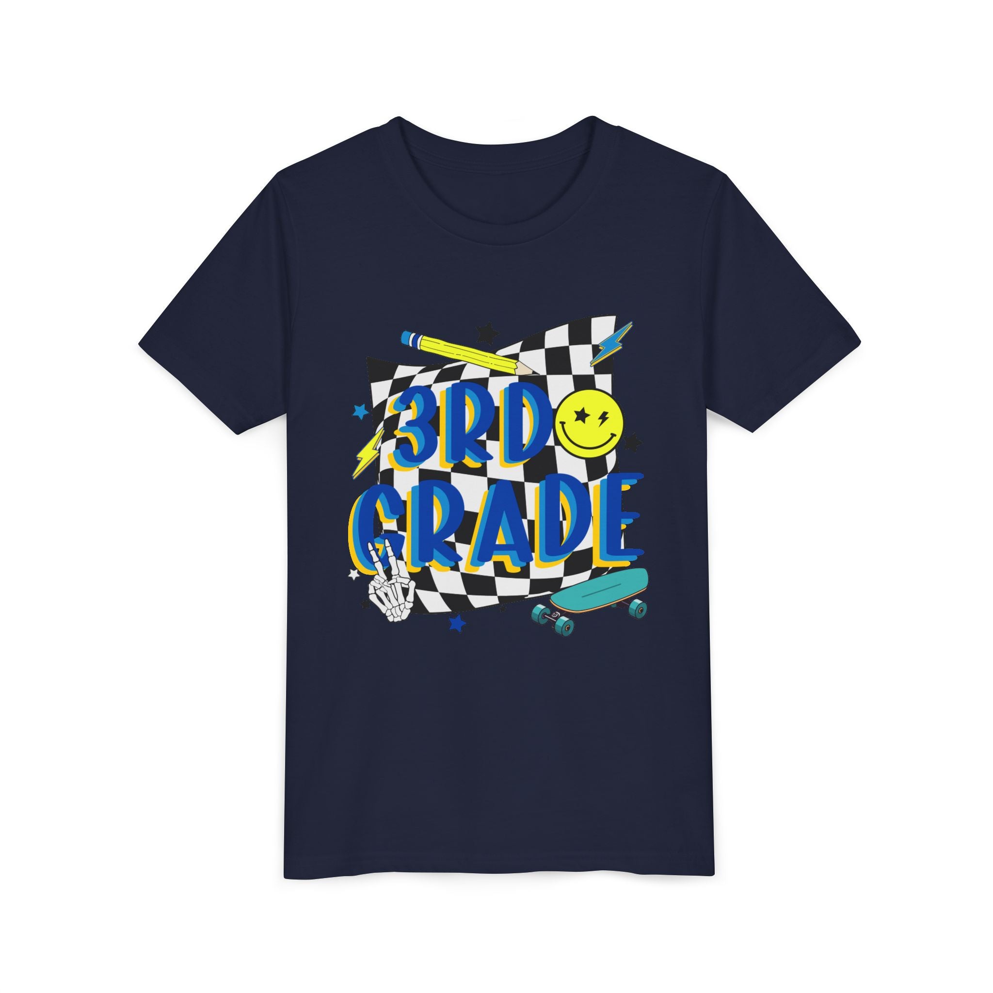 3rd Grade Youth Tee - Back-to-School Smiley Skateboard Design